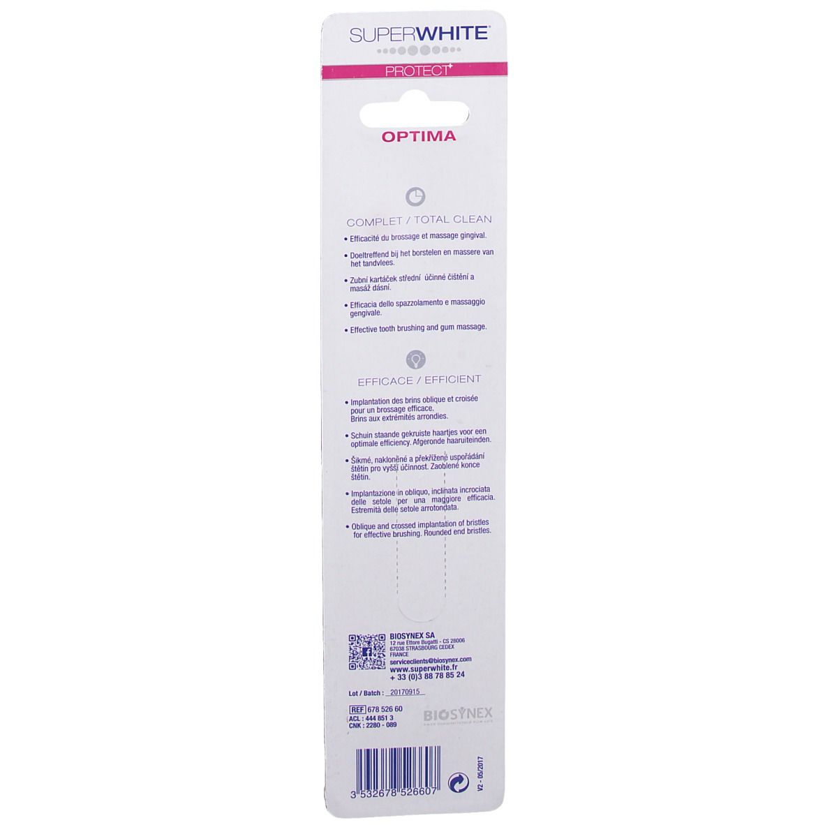 Emballage de la brosse à dents SUPERWHITE Optima. Texte: Optima, Protect, Total Clean, Efficace/Efficient.