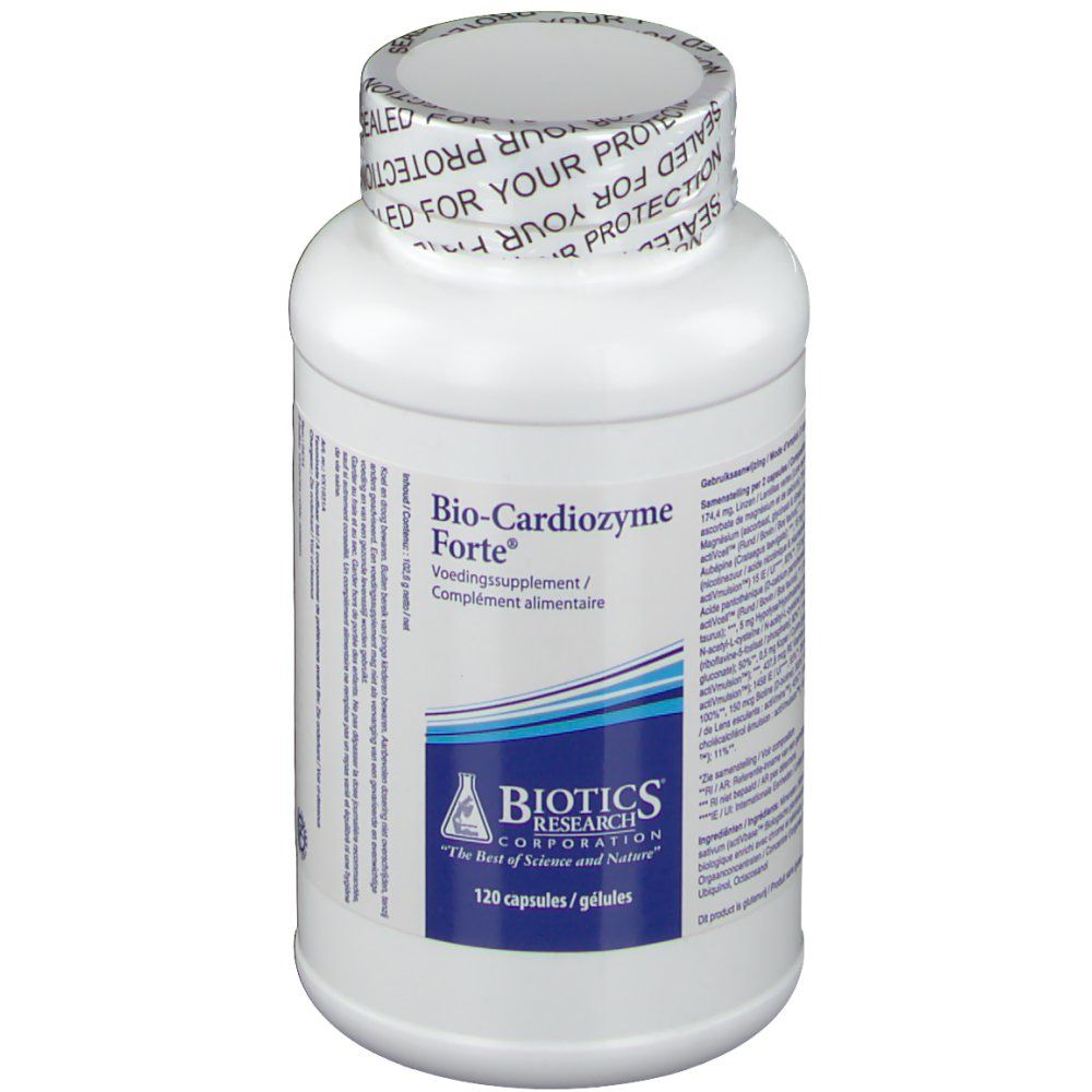 Flacon blanc avec "Bio-Cardiozyme Forte" et "Biotics Research". 120 gélules.