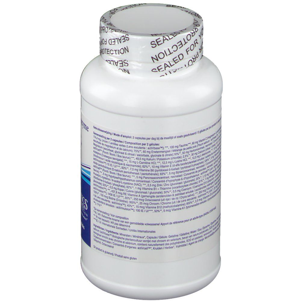 Dos du flacon blanc avec informations et logo "Biotics Research". Bouchon scellé.