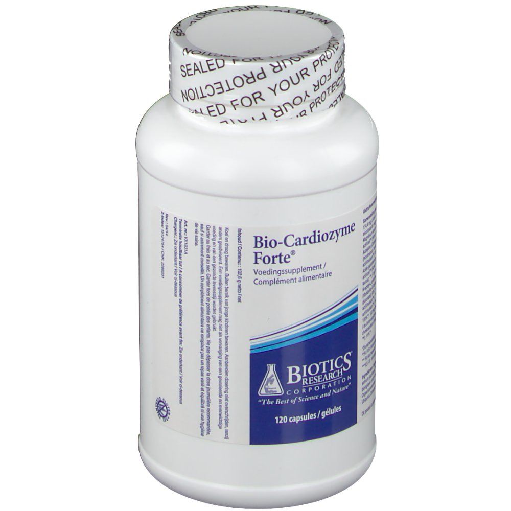Flacon blanc avec "Bio-Cardiozyme Forte" et logo "Biotics Research". 120 gélules.