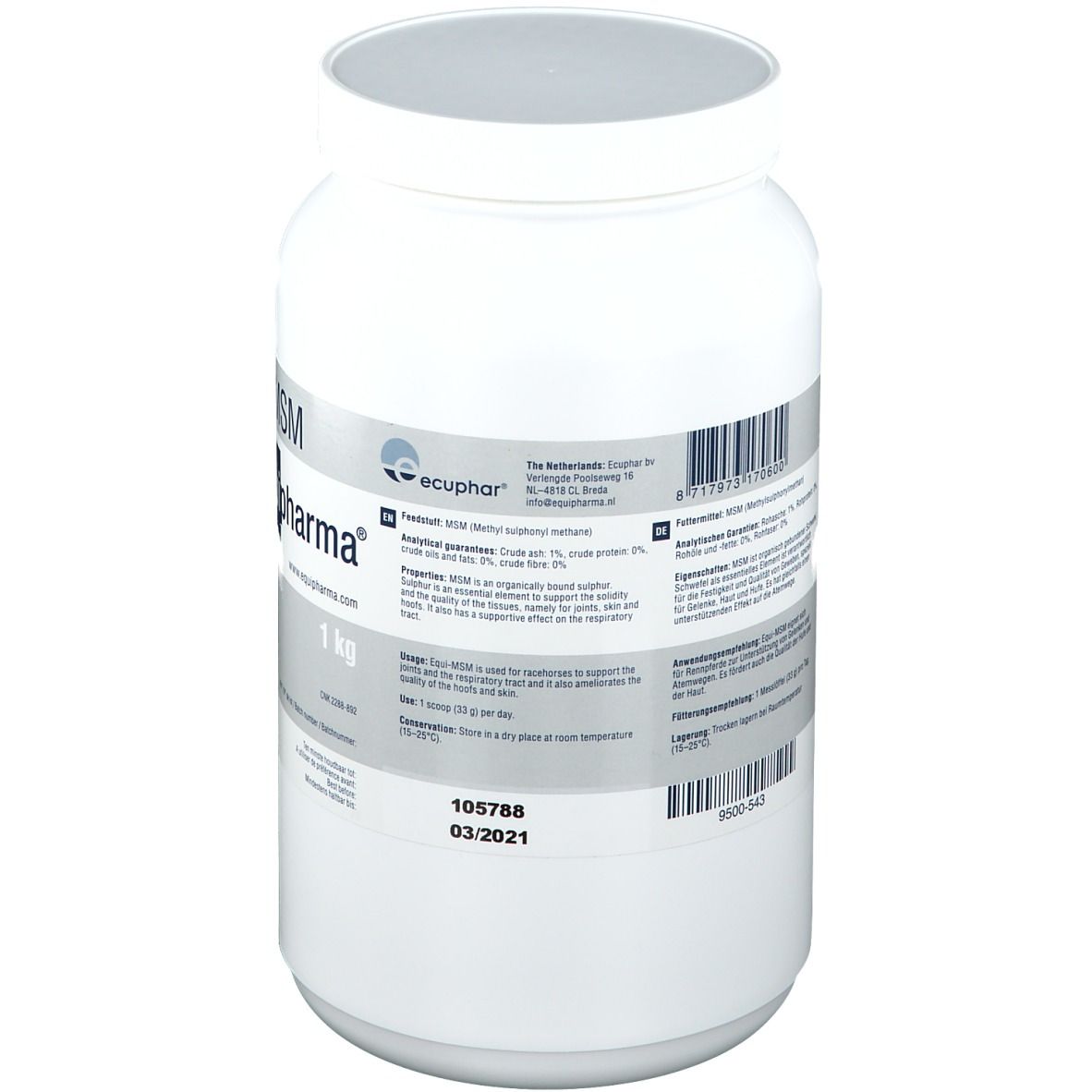 Pot blanc EQUI-MSM Equipharma® avec étiquette. Informations produit et ingrédients. 1 kg.