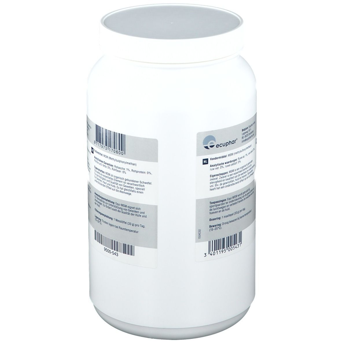 Pot blanc EQUI-MSM Equipharma® avec étiquette. Vue arrière avec informations produit et code-barres.
