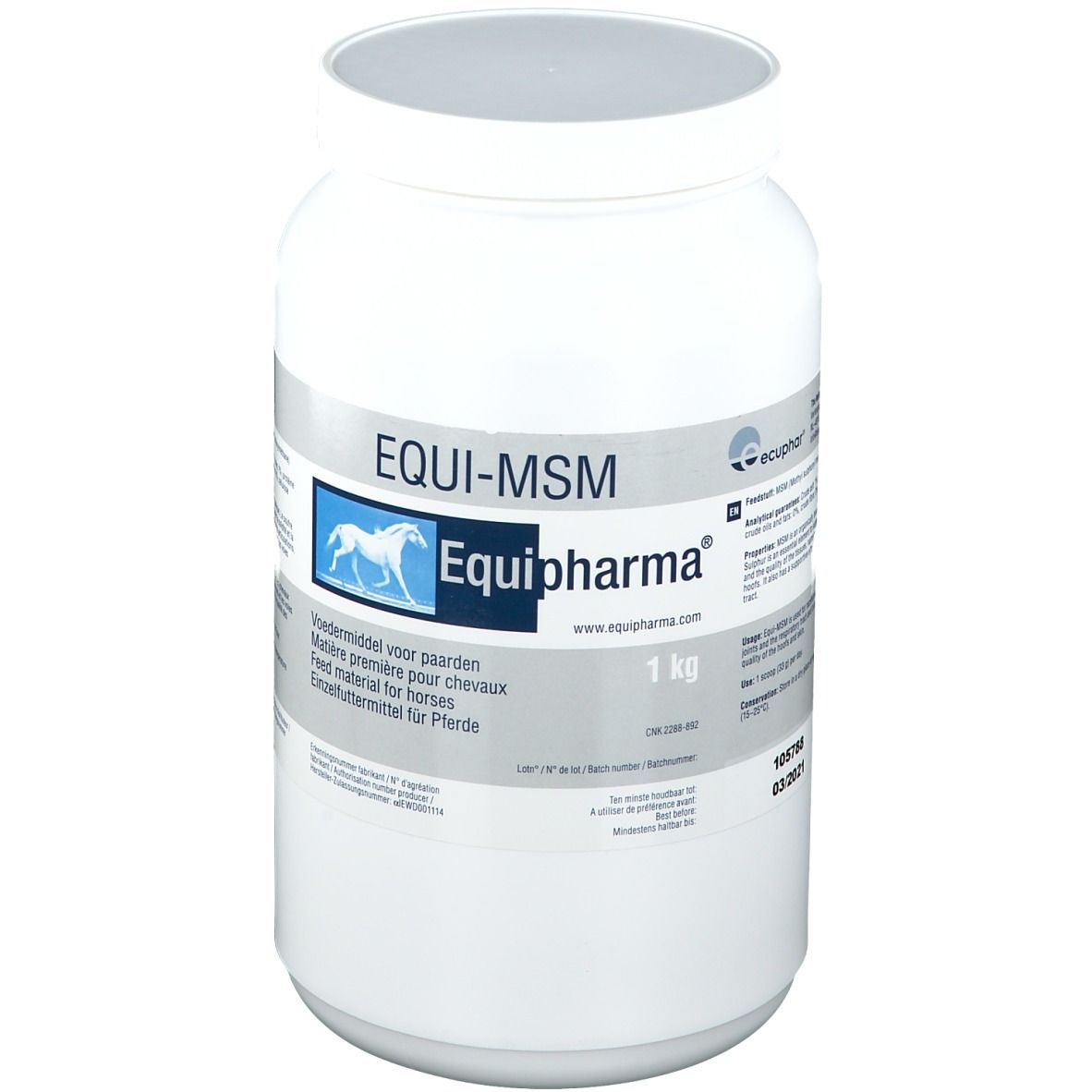 Pot blanc EQUI-MSM Equipharma® avec étiquette. Graphique bleu avec cheval. Contenu 1 kg.