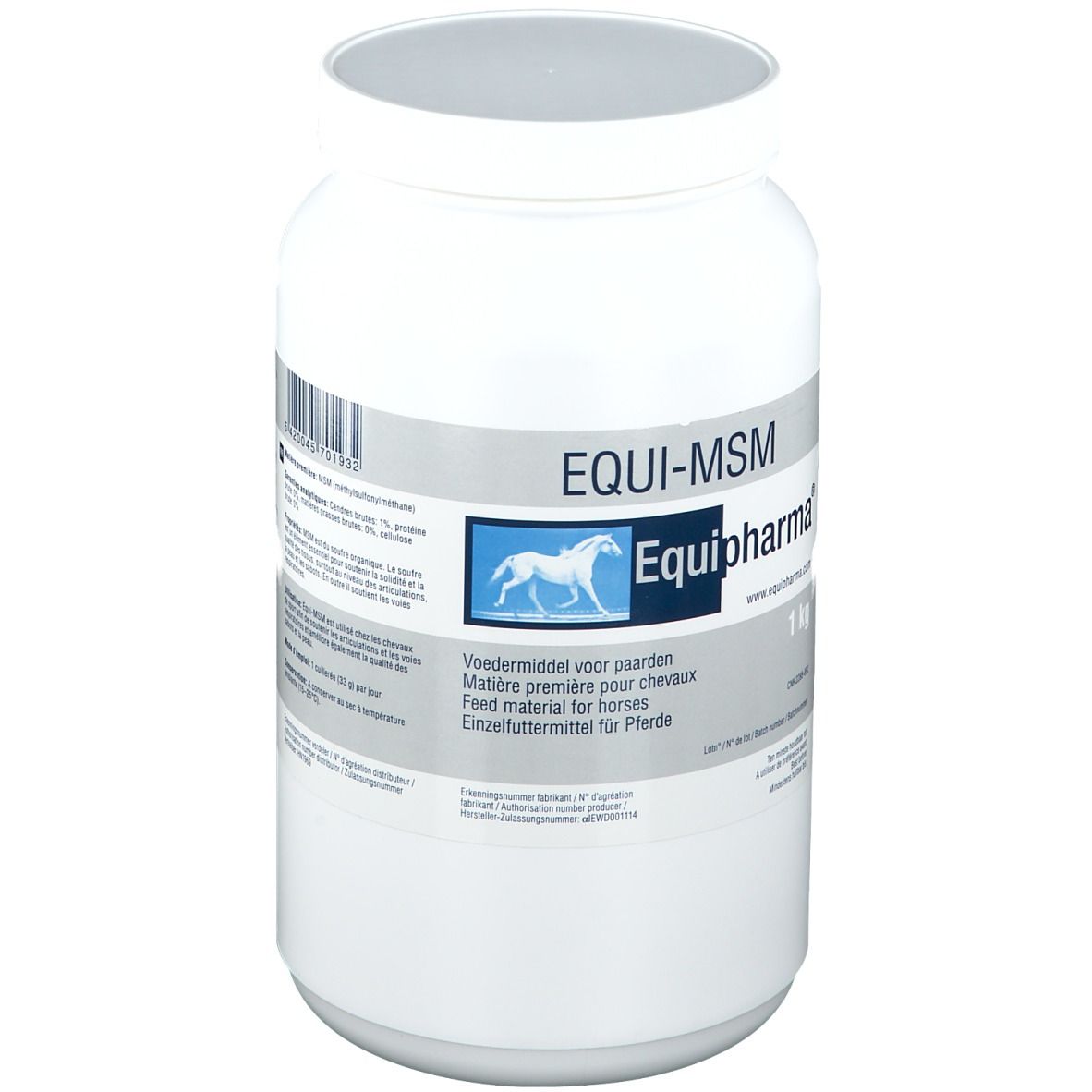 Pot blanc EQUI-MSM Equipharma® avec étiquette. Graphique bleu avec cheval. Contenu 1 kg.