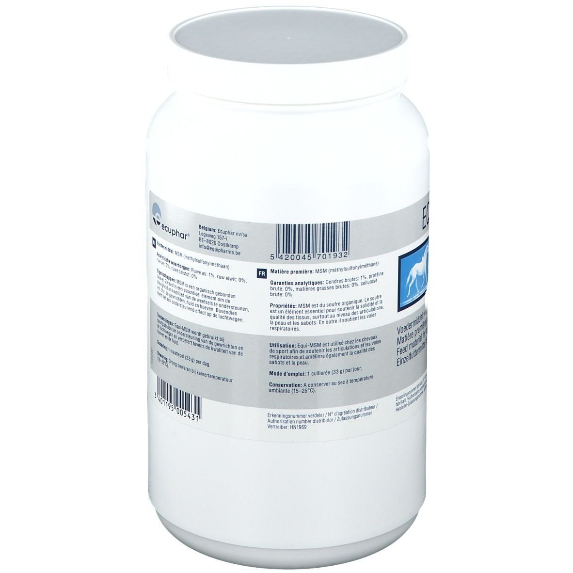 Pot blanc EQUI-MSM Equipharma® avec étiquette. Vue arrière avec informations produit et code-barres.