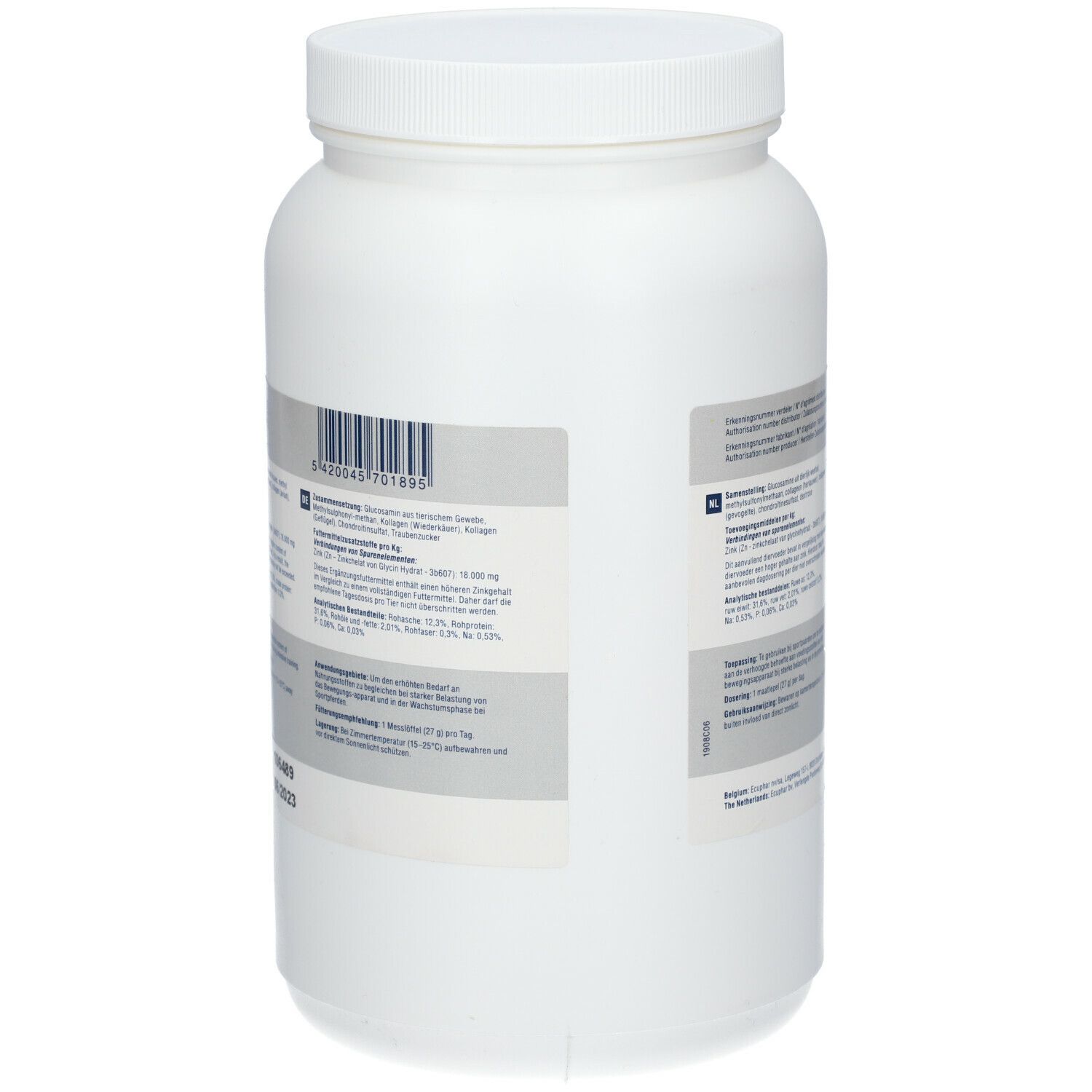 Achteraanzicht van de witte pot. Tekstinformatie en barcode. Fabrikantinformatie.