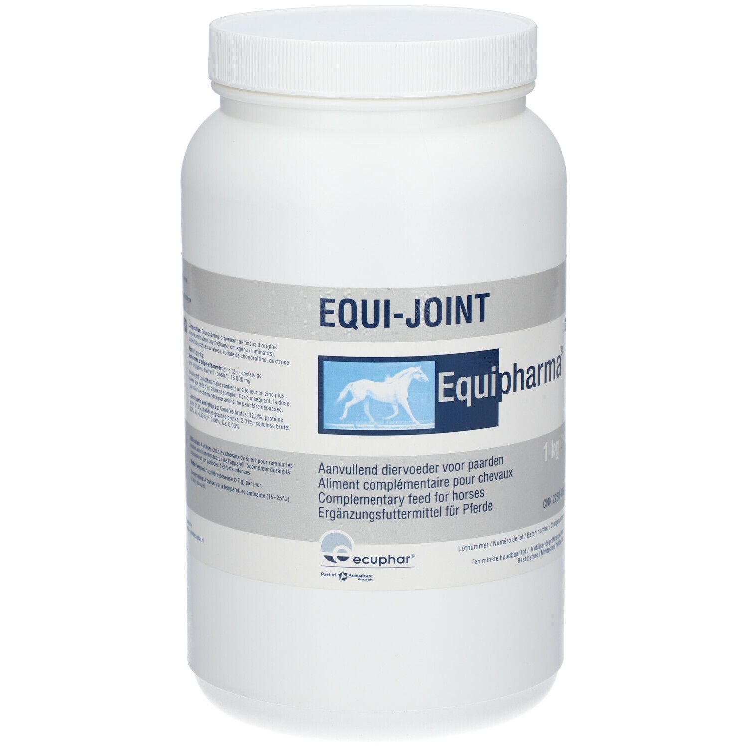 Witte pot met EQUI-JOINT en Equipharma-logo. Tekst: Aanvullend diervoeder voor paarden. 1 kg.