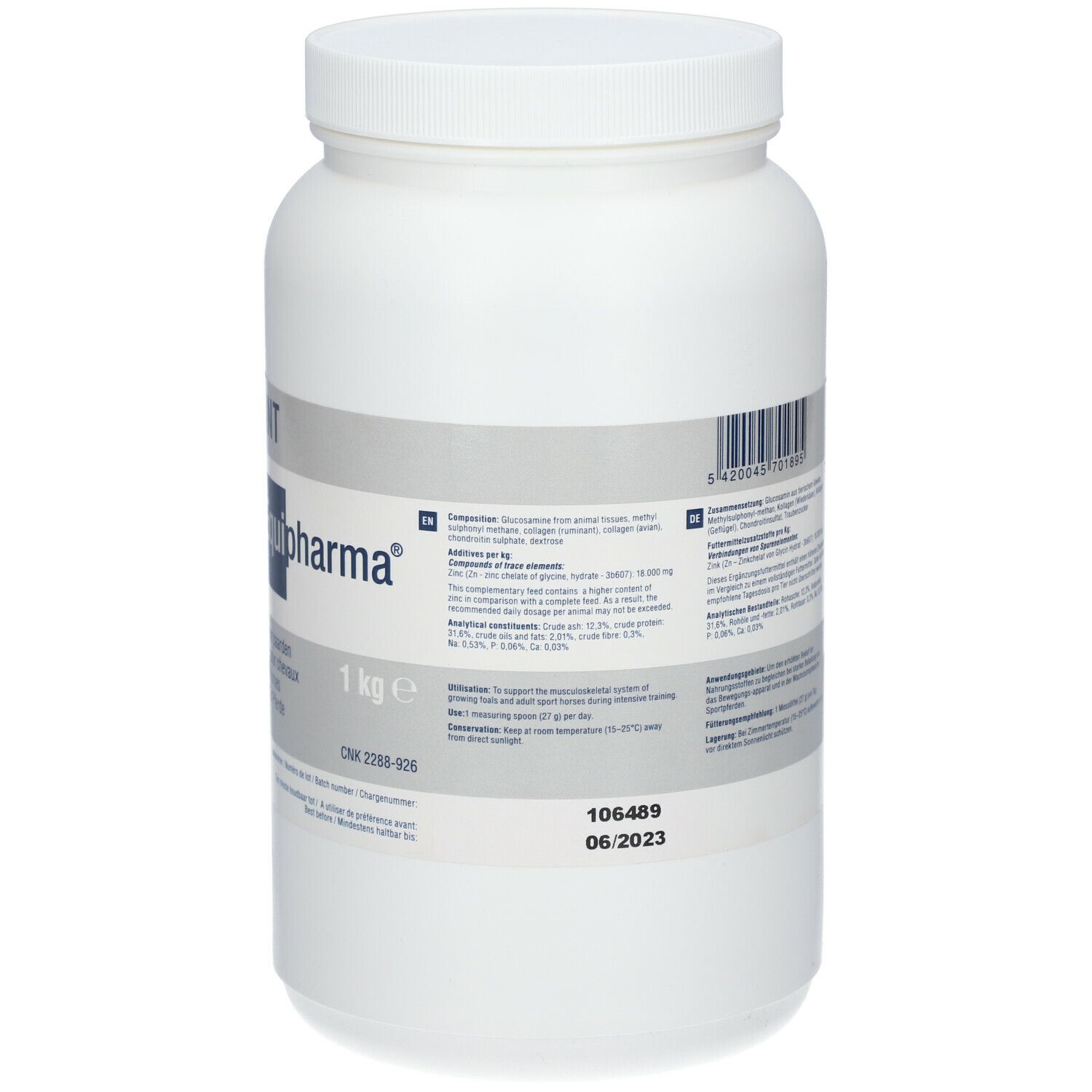 Witte pot met EQUI-JOINT en Equipharma-logo. Tekst: 1 kg. Ten minste houdbaar tot 06/2023. Barcode.