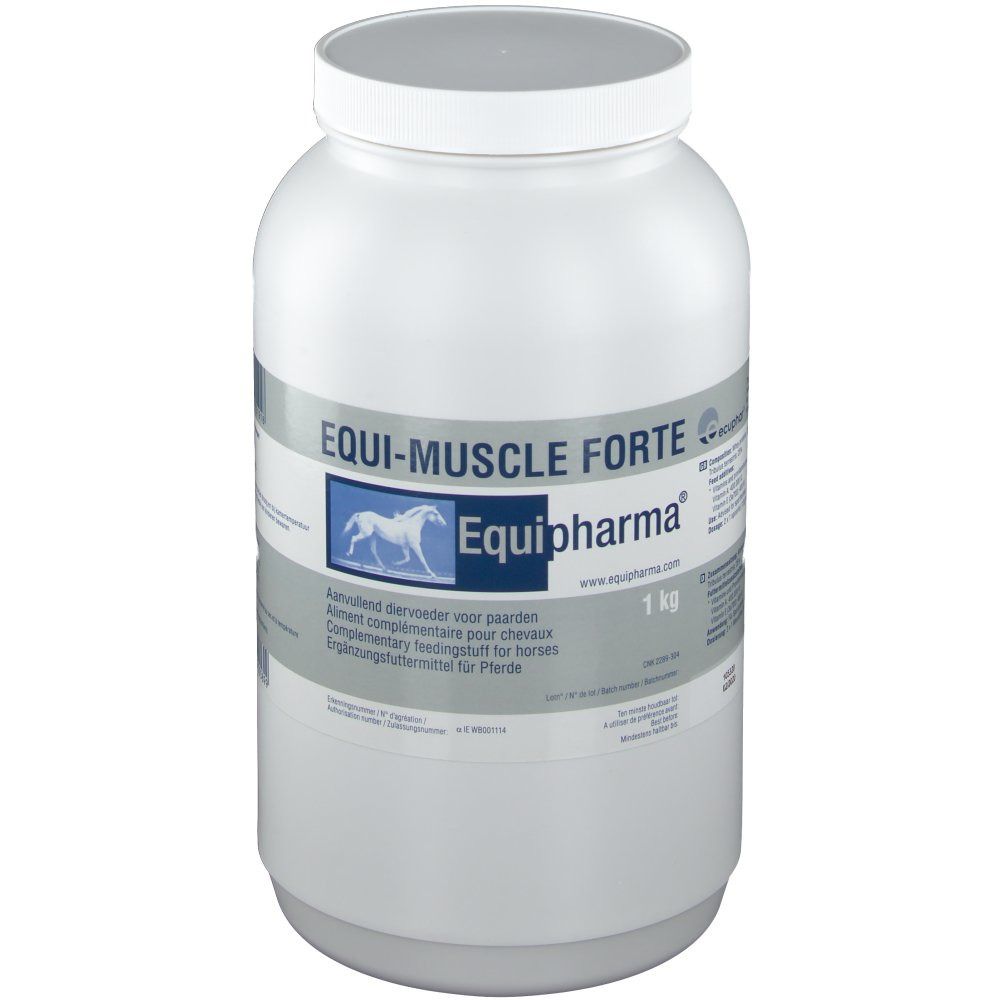 Witte pot met deksel. Opschrift EQUI-MUSCLE FORTE, logo en Equipharma®. 1 kg.