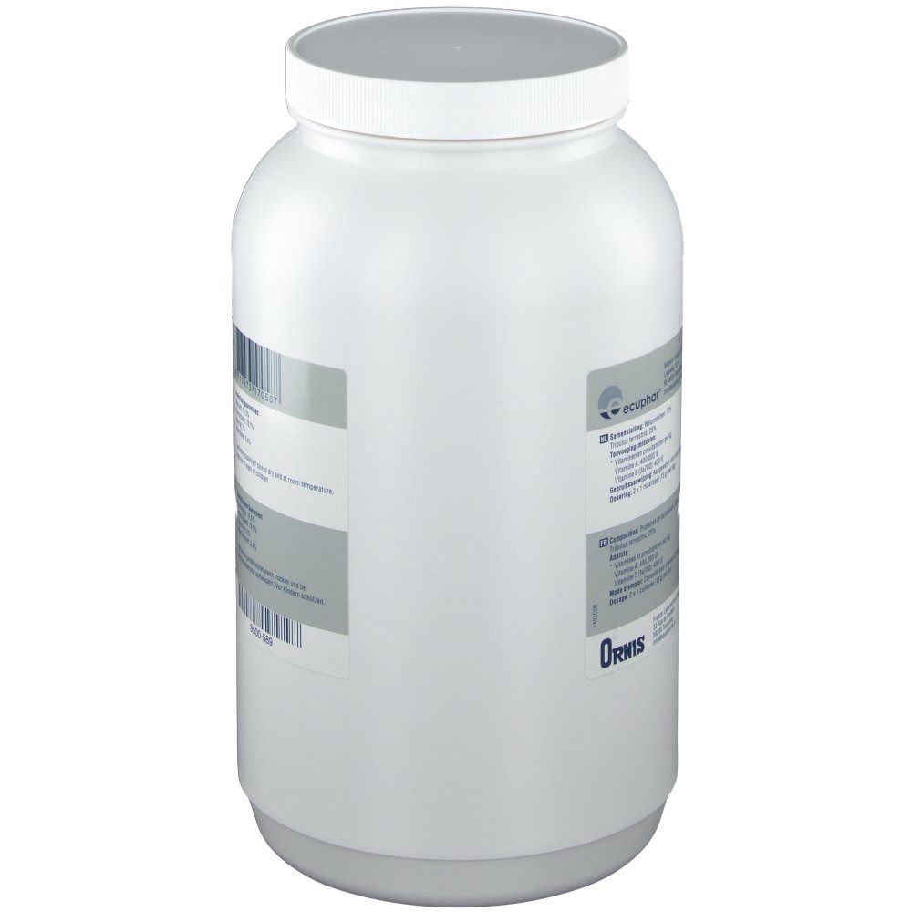 Witte pot met deksel. Achterkant met etiket en productinformatie.