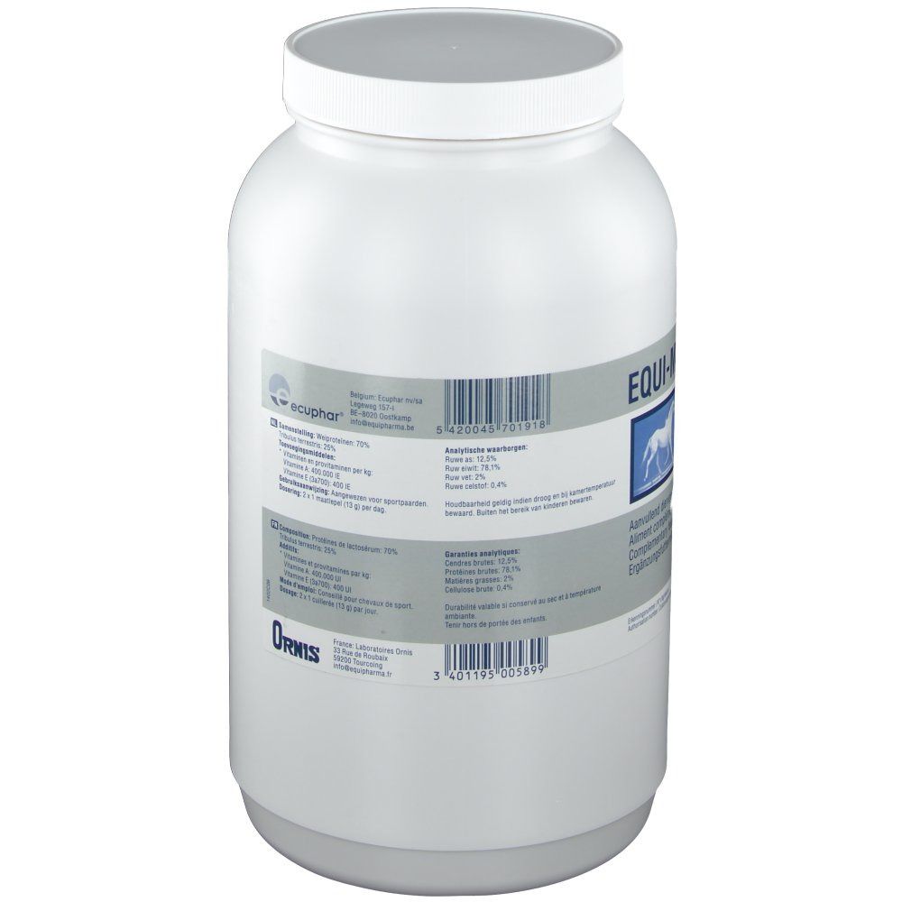 Witte pot met deksel. Etiket met productinformatie en barcode.