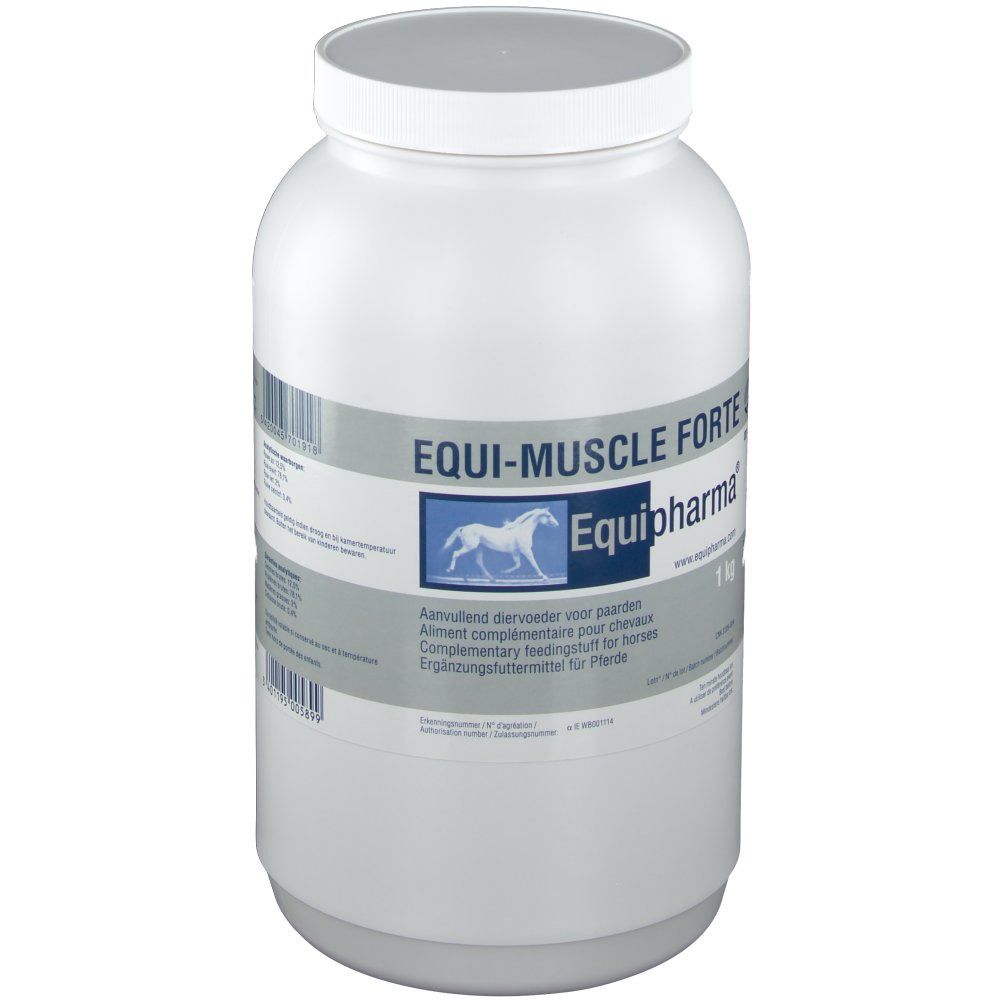Witte pot met deksel. Opschrift EQUI-MUSCLE FORTE, logo en Equipharma®. 1 kg.