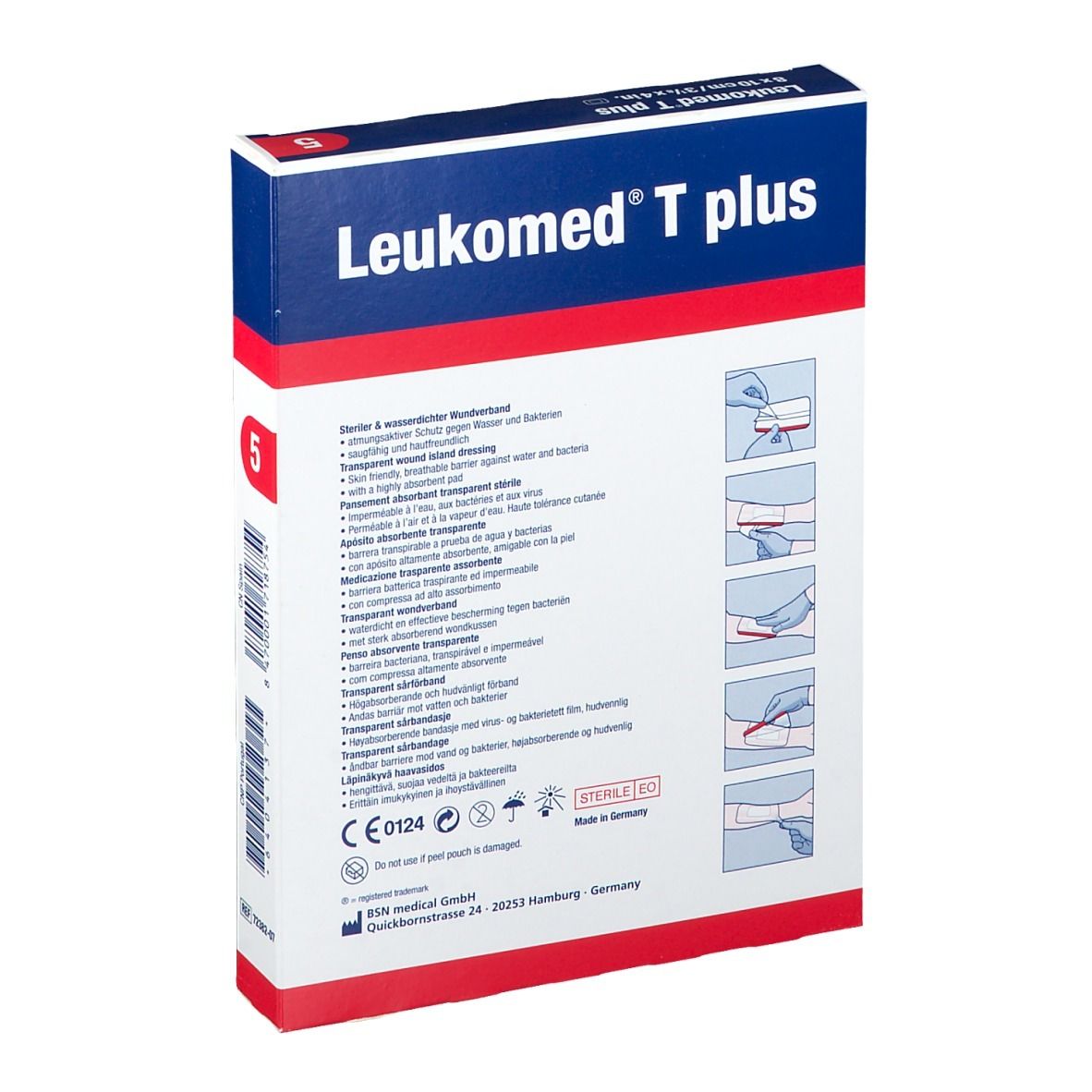 Emballage avec informations sur le produit. Inscription : Leukomed T plus. Illustrations : étapes d'application. Certification CE0124.