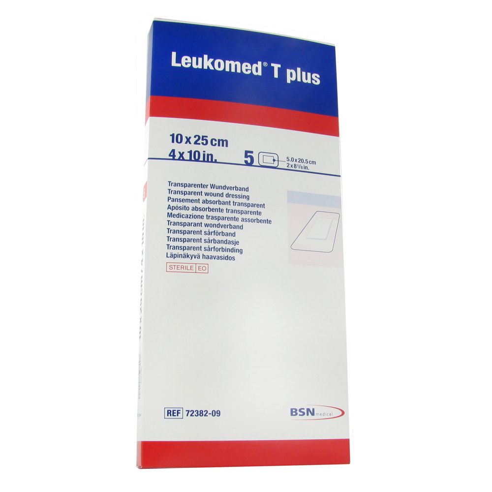 Verpakking Leukomed T plus. 10x25 cm, 5 stuks. Transparant wondverband. BSN medical logo.