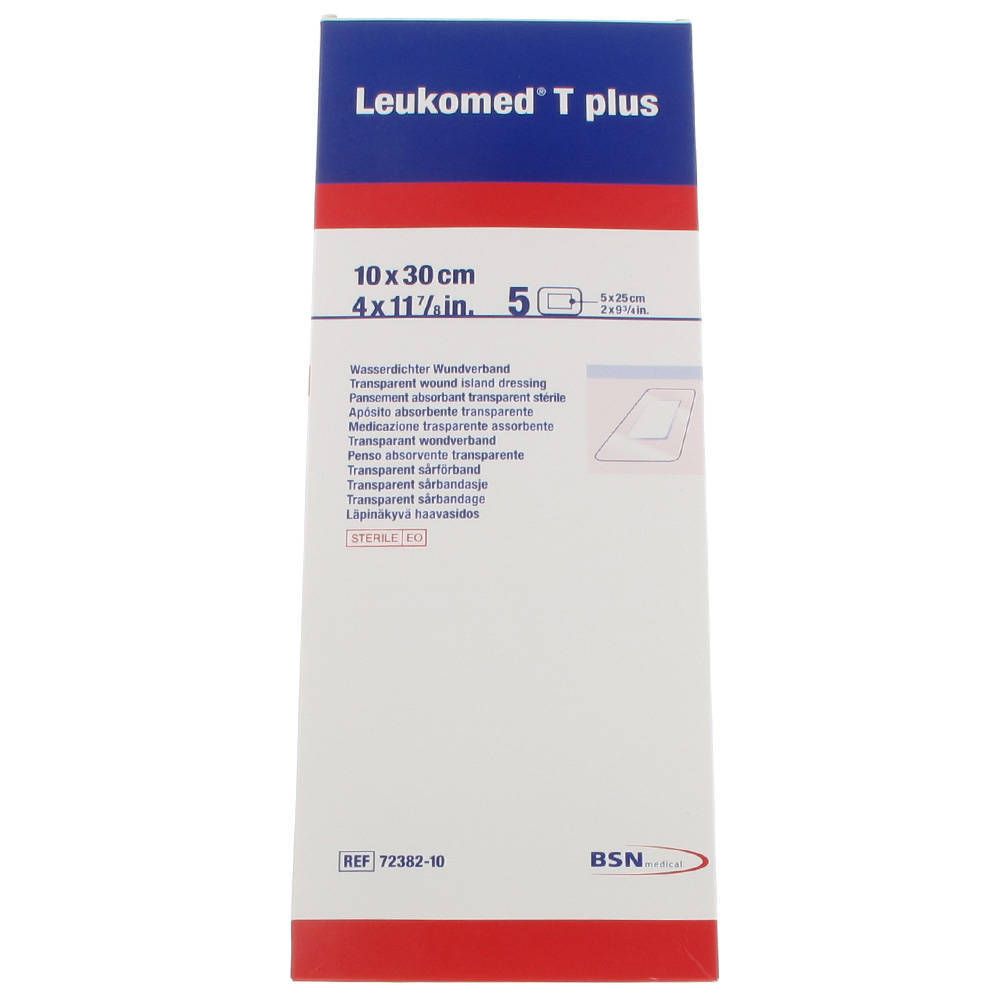 Verpakking Leukomed T plus, 10x30cm. Transparant wondverband. Steriele verpakking met productinformatie en afmetingen.