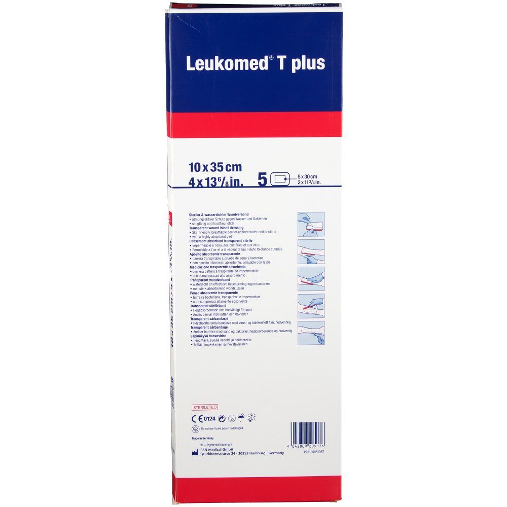 Achterkant van de verpakking Leukomed T plus. Productinformatie, afmetingen en illustraties van de toepassing.