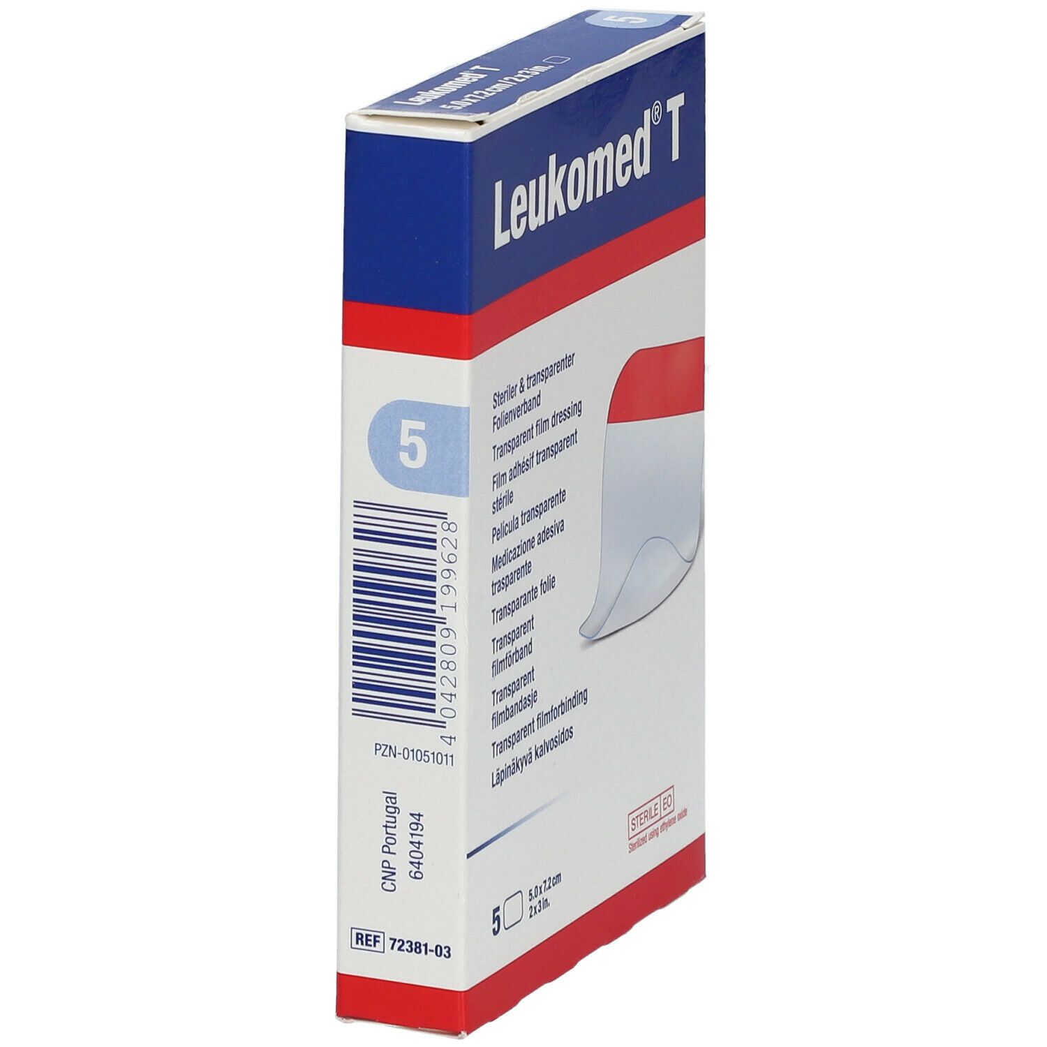 Vue latérale de la boîte Leukomed T. Pansement film transparent stérile. 5 pièces. Code-barres et informations produit.