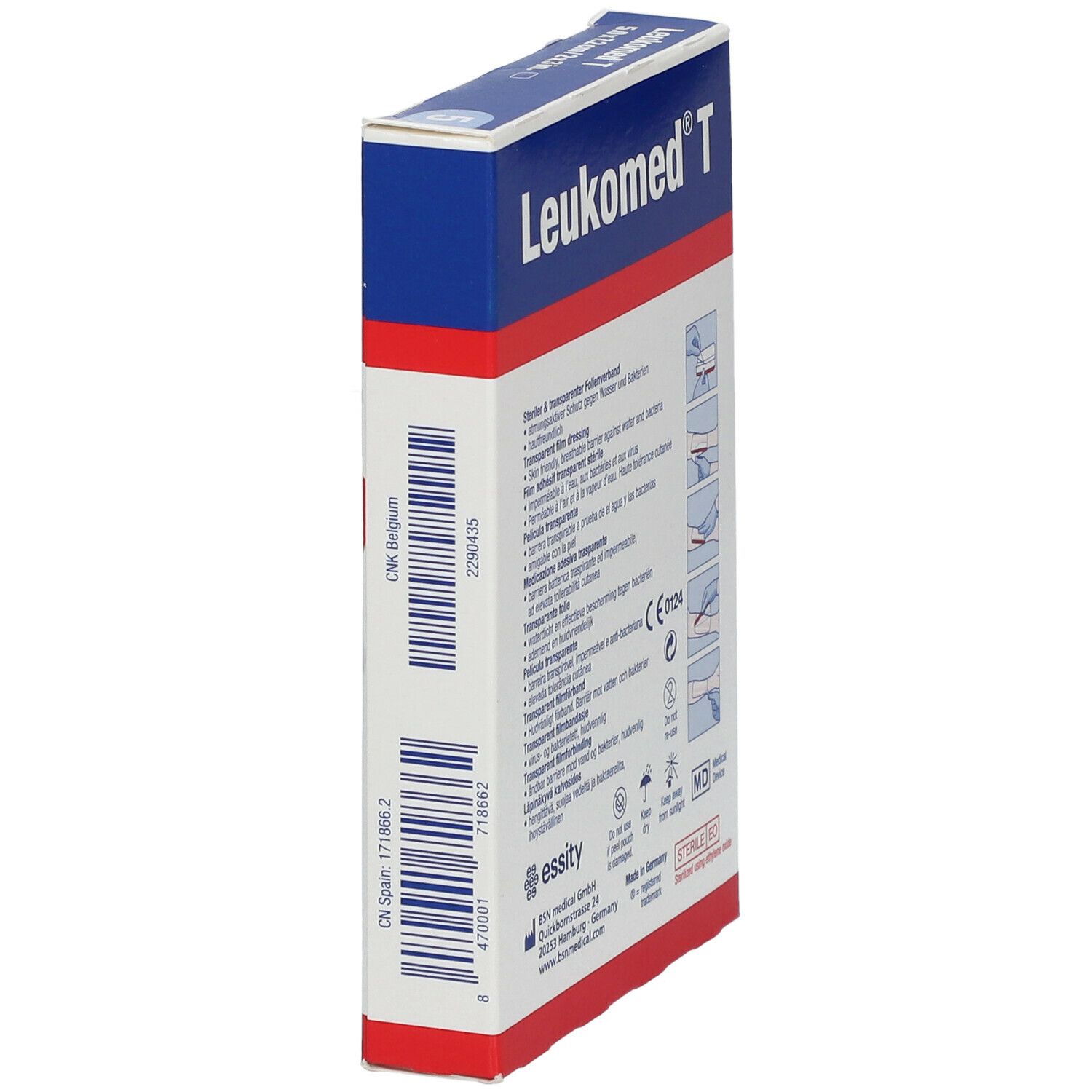 Vue latérale de la boîte Leukomed T. Code-barres et informations produit. CNK Belgique, CN Espagne.