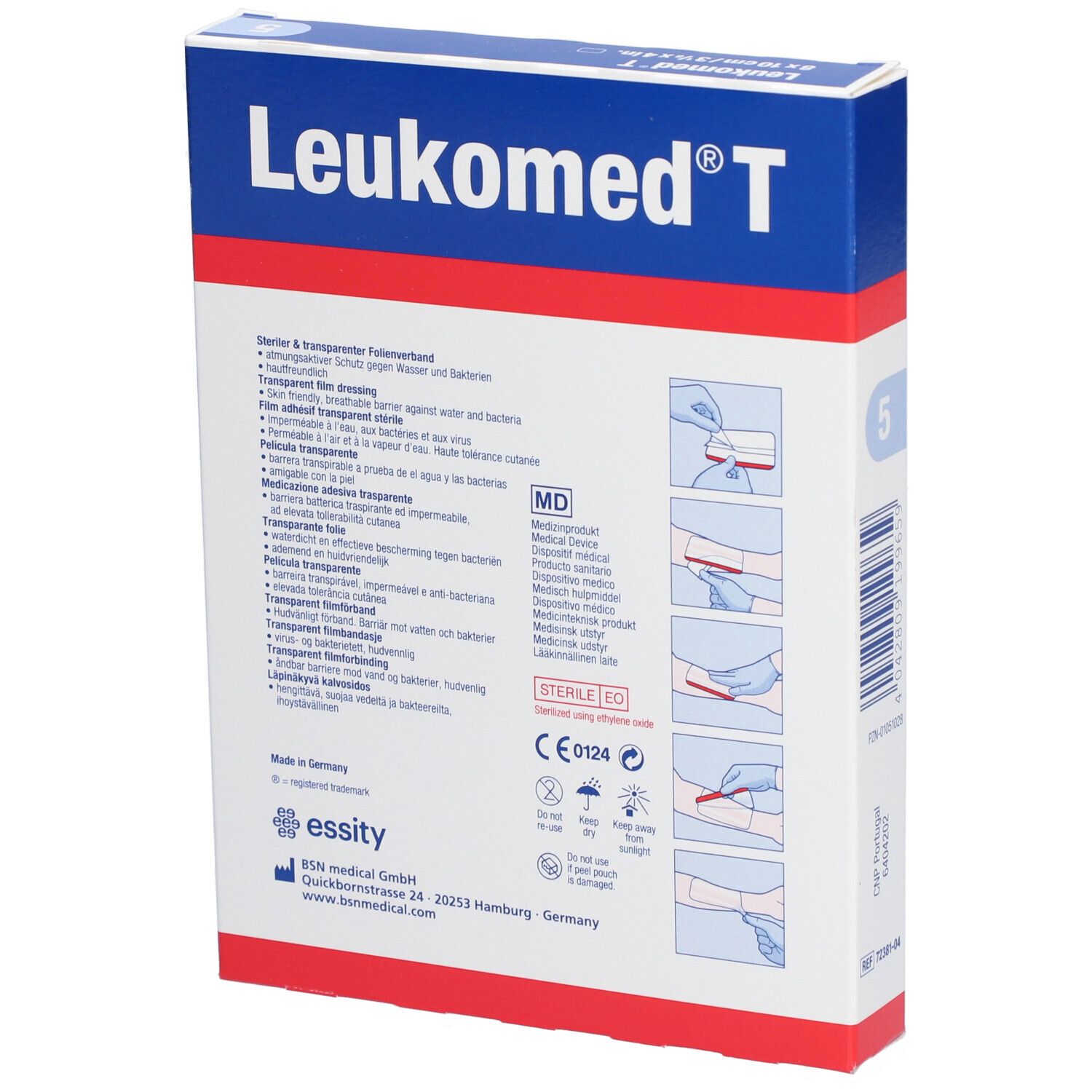 Dos de la boîte Leukomed T. Contient des informations et des exemples d'utilisation. Stérile.