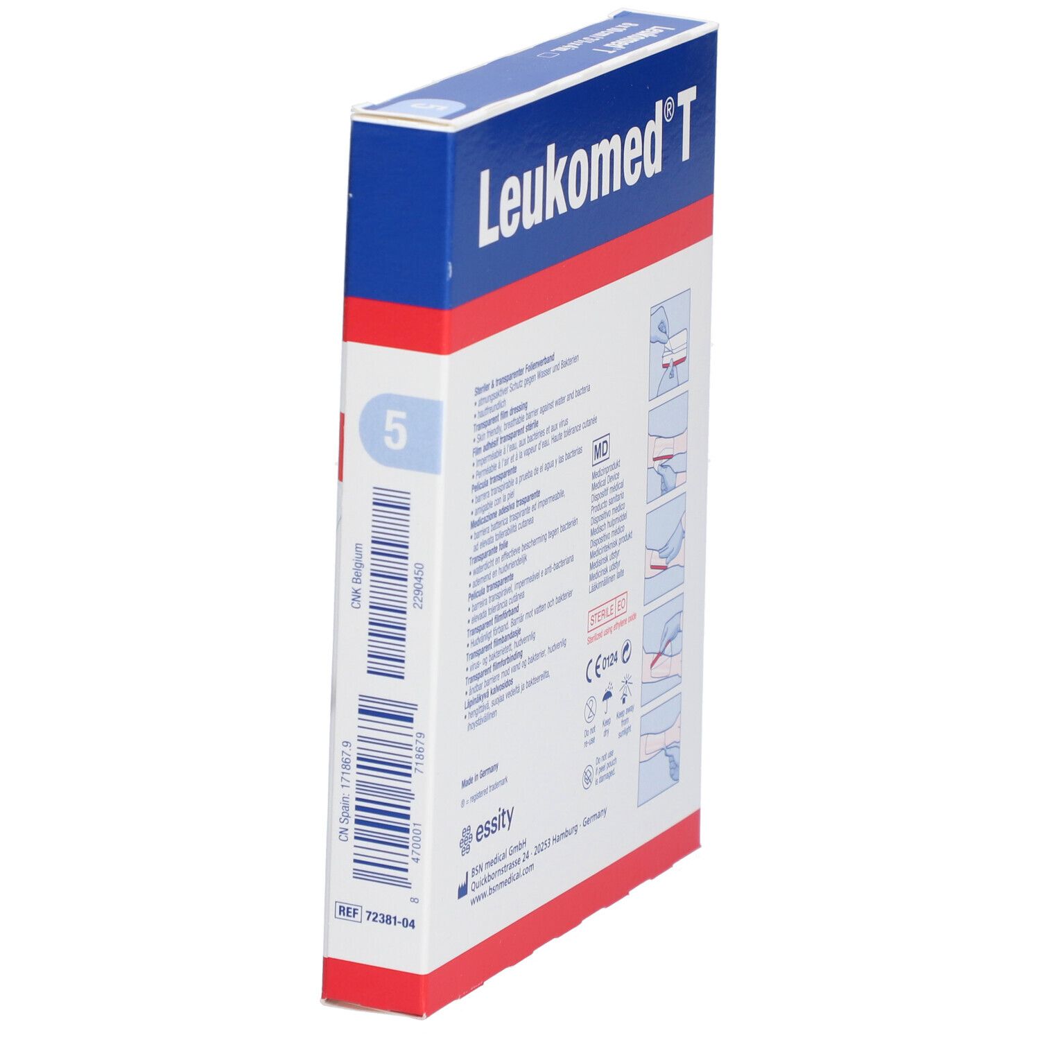 Boîte de Leukomed T en biais. Dos avec informations et exemples d'utilisation. Stérile.