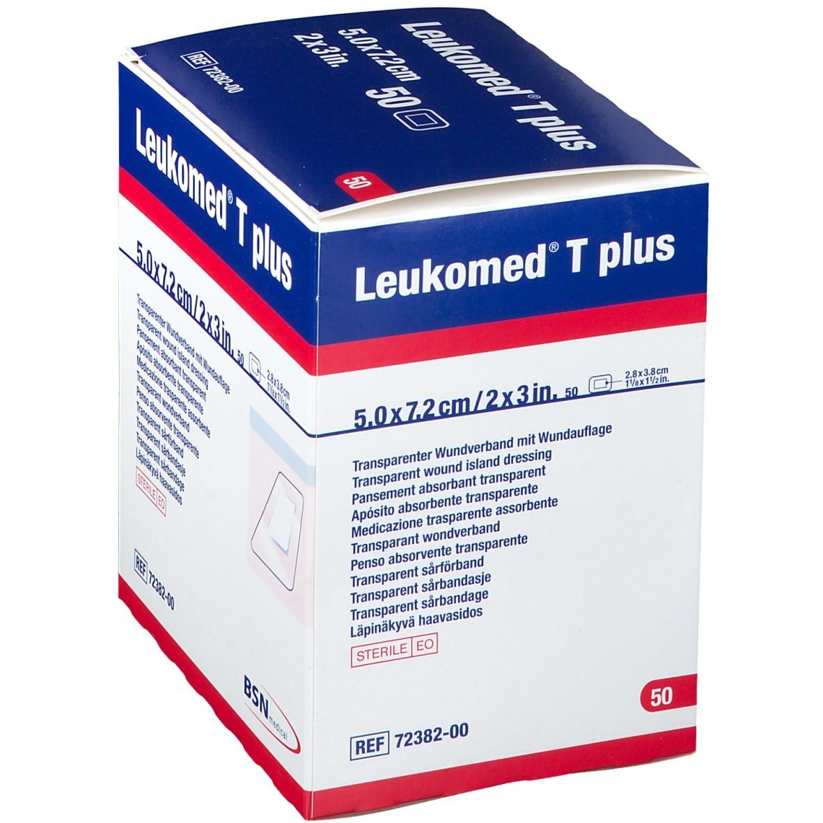 Verpackung von Leukomed T plus. Transparenter Wundverband, 5,0 x 7,2 cm. 50 Stück. Steril.