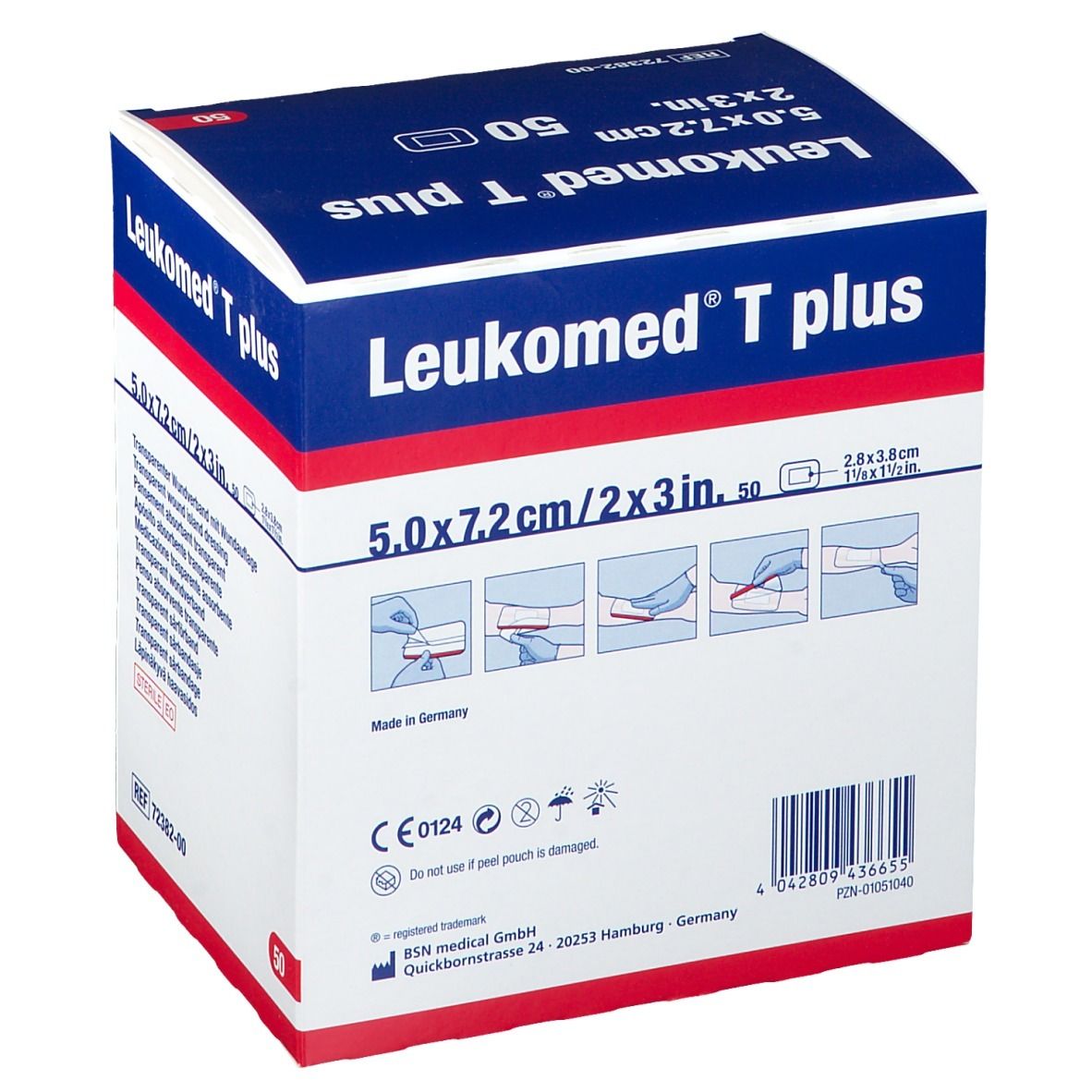 Verpackung von Leukomed T plus. Transparenter Wundverband, 5,0 x 7,2 cm. 50 Stück. Steril.