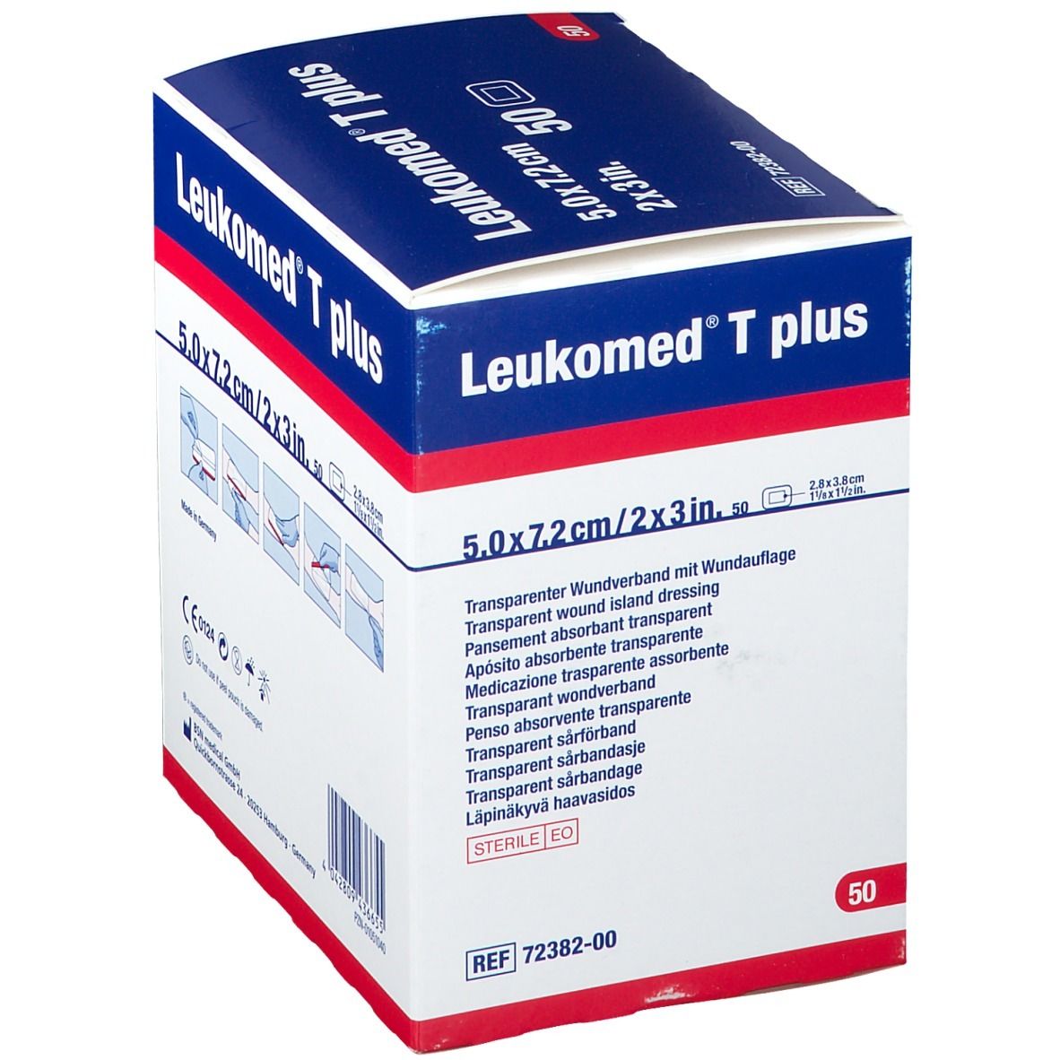 Verpackung von Leukomed T plus. Transparenter Wundverband, 5,0 x 7,2 cm. 50 Stück. Steril.