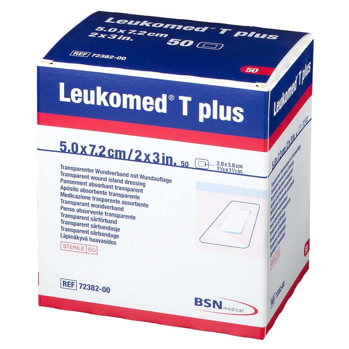 Verpackung von Leukomed T plus. Transparenter Wundverband, 5,0 x 7,2 cm. 50 Stück. Steril.