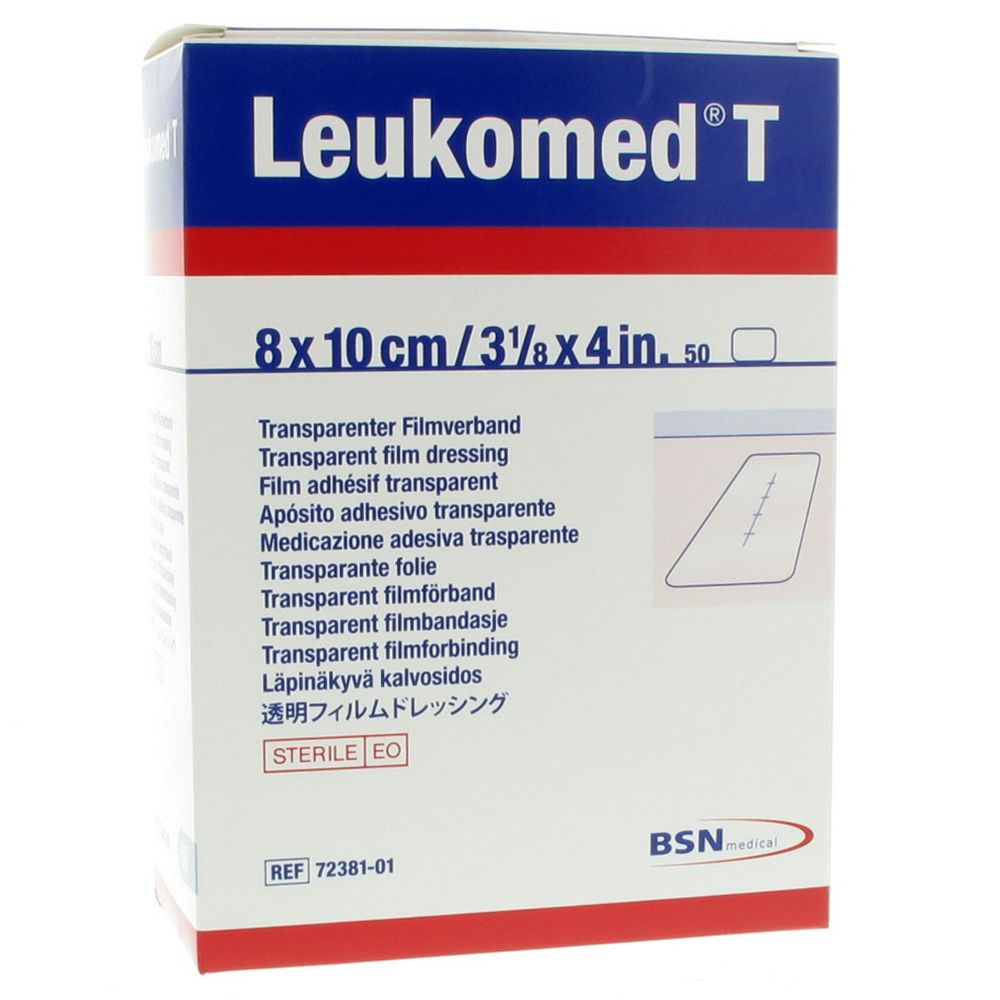 Confezione di Leukomed T, 8x10cm. Scritta: Medicazione trasparente. Sterile.