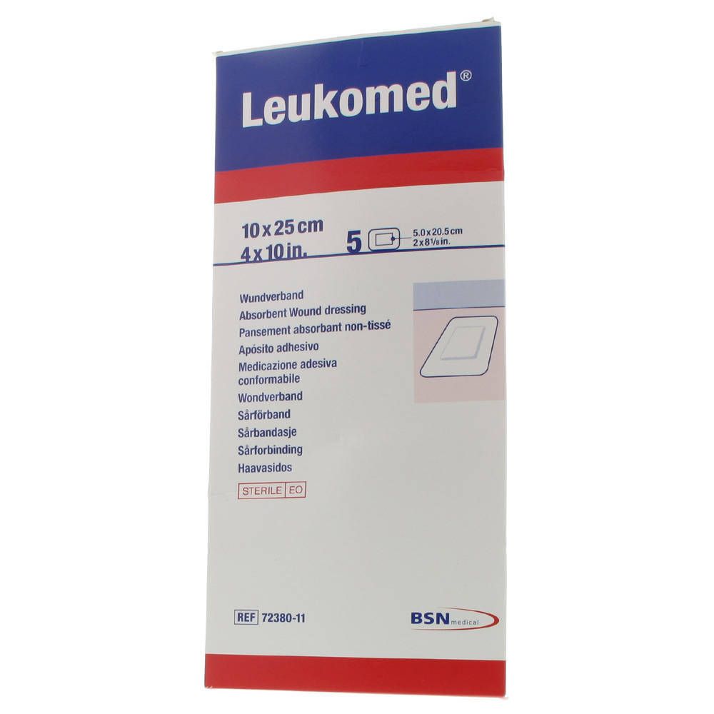 Emballage de pansement Leukomed. Dimensions 10x25cm, 5 pièces. Inscription : Stérile EO.