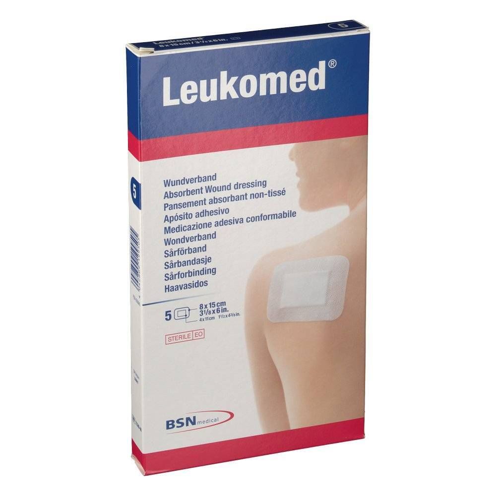 Emballage Leukomed. Pansement absorbant, 5 unités, 8x15cm. Inscriptions: Pansement absorbant, sterile EO. BSN medical.