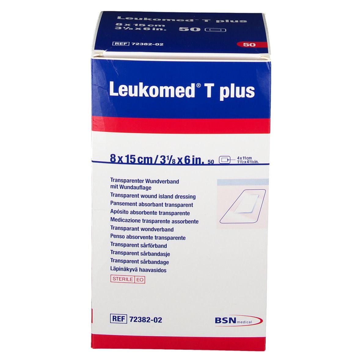 Verpakking van Leukomed T plus. Opschrift: 8 x 15 cm, 50 stuks. Transparant wondverband. BSN medical logo.