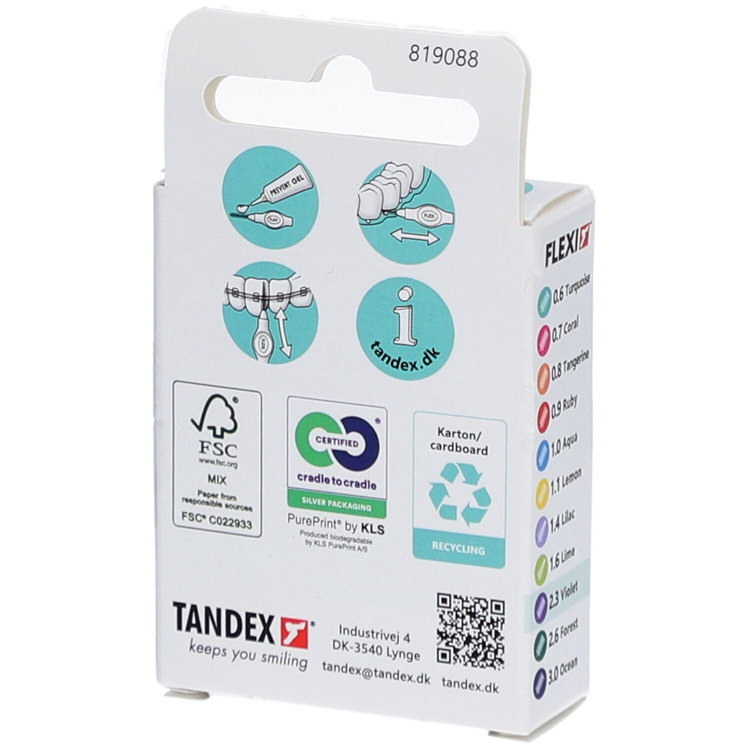 Verpackung mit Logos für FSC, Cradle to Cradle, Recycling und Produktfarben. Tandex Logo.