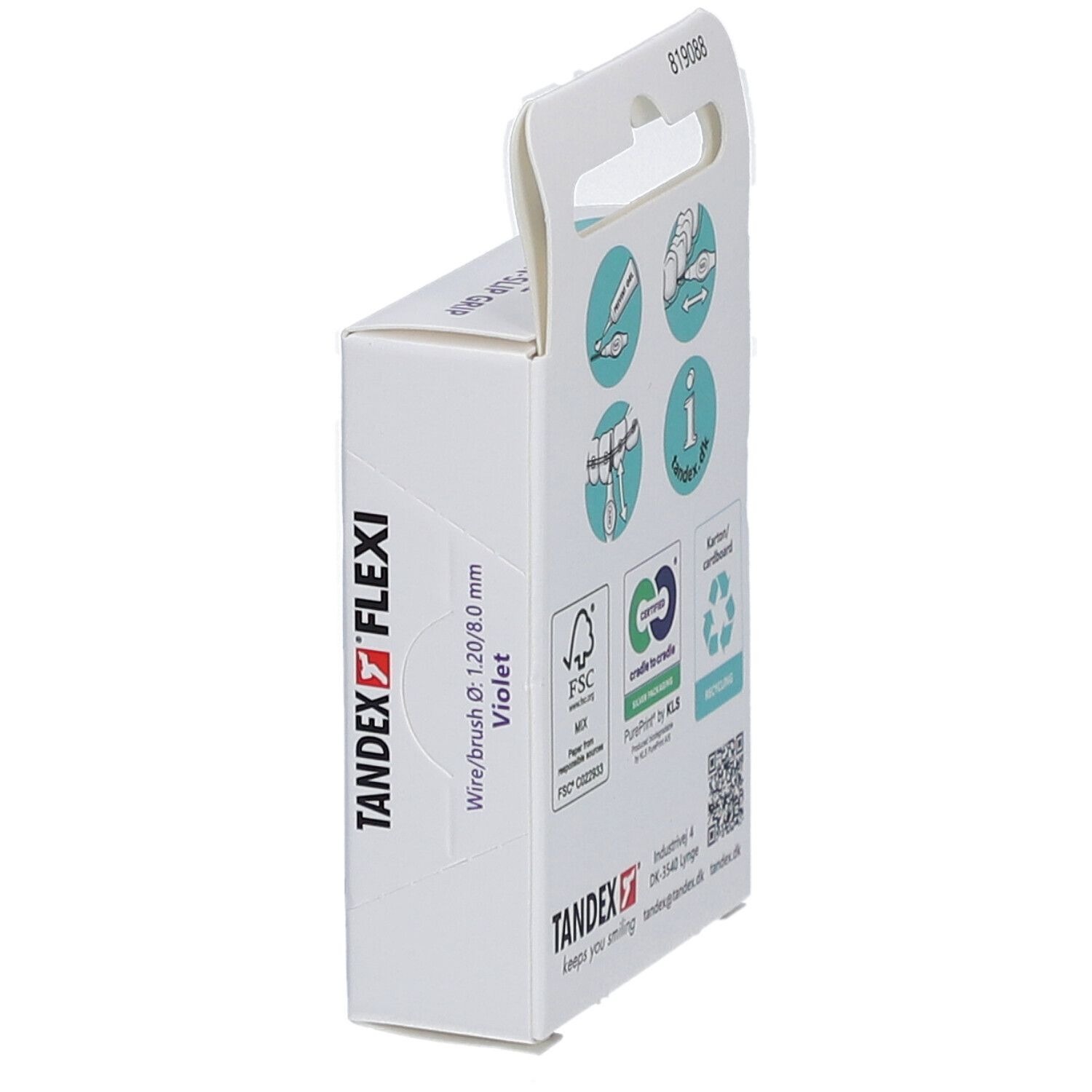 Seitenansicht der Verpackung mit Tandex Flexi Interdentalbürsten. Draht Ø 1.20/8.0 mm, violett.