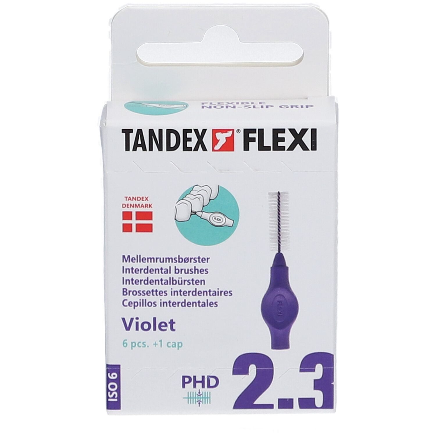 Verpackung mit Tandex Flexi Interdentalbürsten, violett. 6 Stück + 1 Kappe. PHD 2.3, ISO 6.