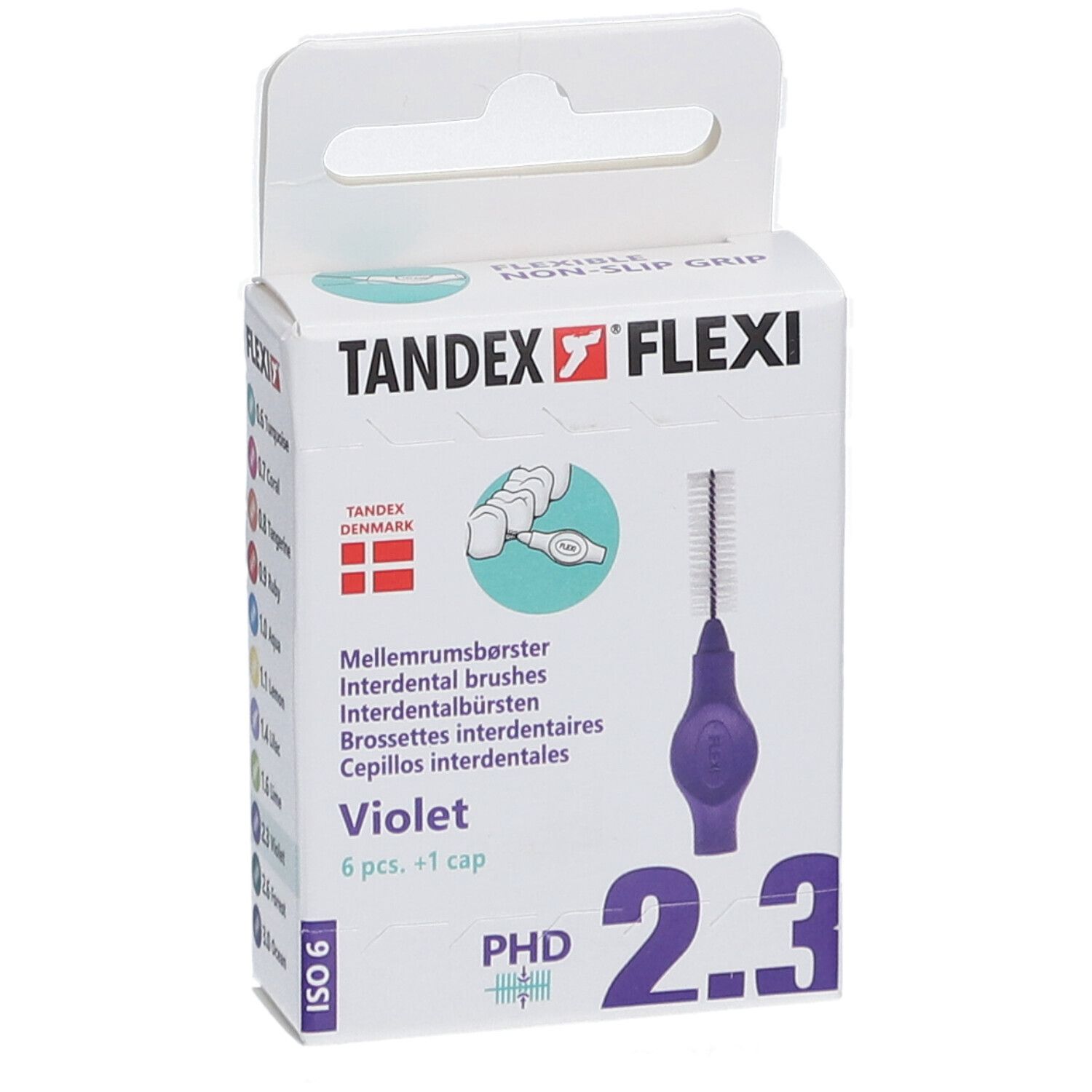 Verpackung mit Tandex Flexi Interdentalbürsten, violett. 6 Stück + 1 Kappe. PHD 2.3, ISO 6.