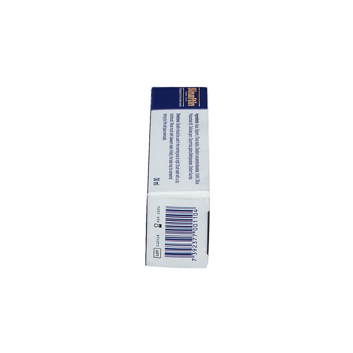 Côté de la boîte. Boîte bleue avec texte et code-barres. Texte: Sinaftin, fluorure, xylitol.