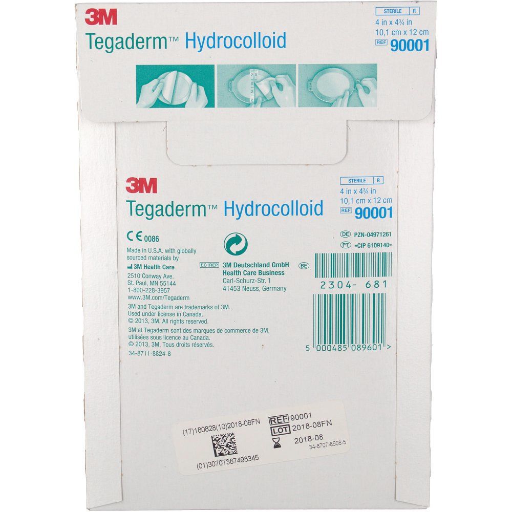Rückseite der Verpackung mit 3M Tegaderm Hydrokolloidverband. Enthält Produktinformationen und Zertifizierungen.