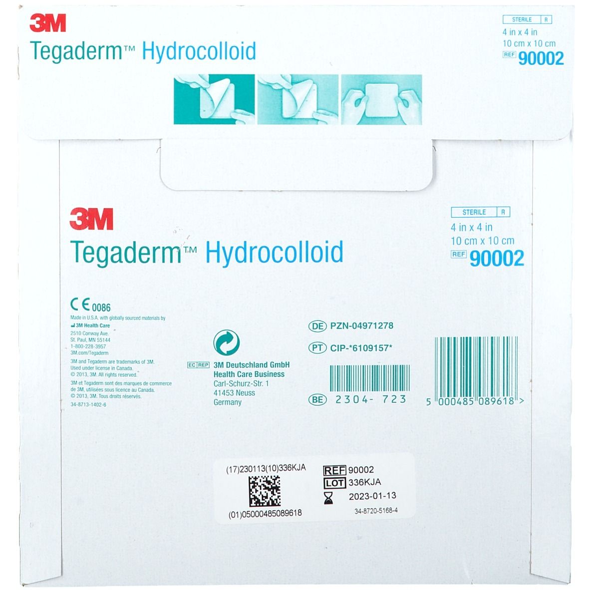 Emballage Tegaderm Hydrocolloïde, 10 x 10 cm. Verso avec informations, logo et code-barres.