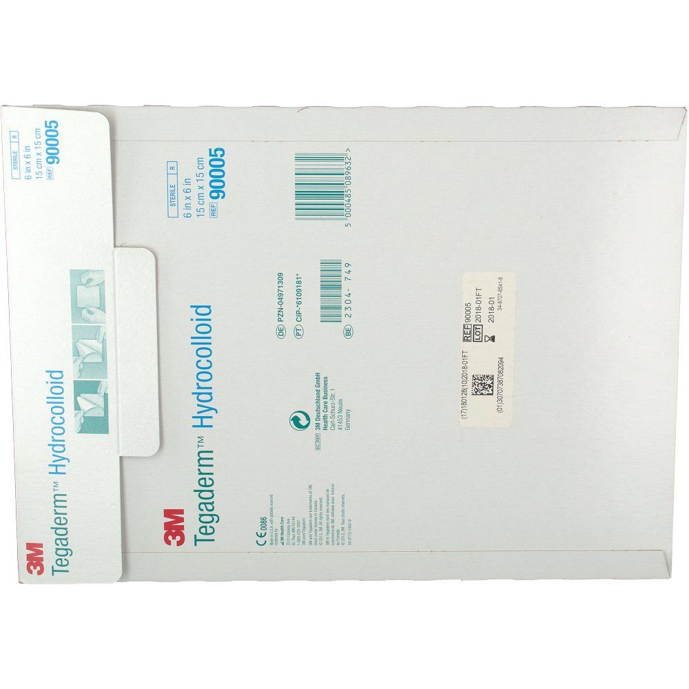 Emballage de pansement hydrocolloïde 3M Tegaderm. Inscriptions : 15 x 15 cm, 90005, marquage CE, code-barres. Nom du produit et marque visibles.