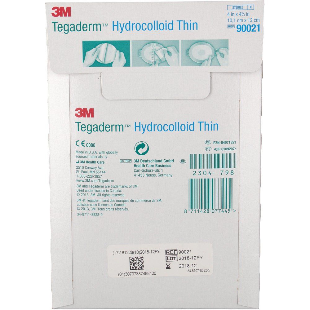 Dos de l'emballage Tegaderm Hydrocolloïde Thin. Informations produit, logo 3M, numéro de lot et code-barres.