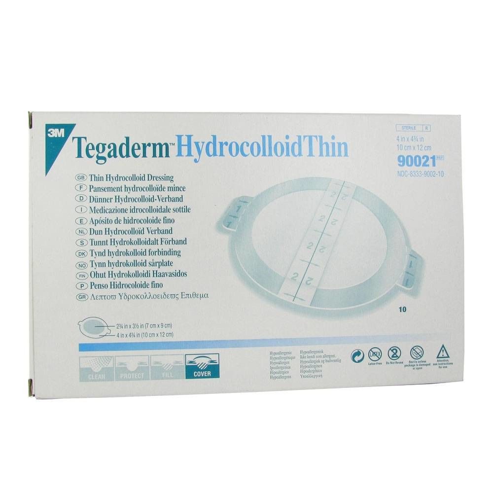 Emballage Tegaderm Hydrocolloïde Thin. Pansement avec échelle de mesure. Dimensions : 10 x 12 cm. Logo 3M et nom du produit.