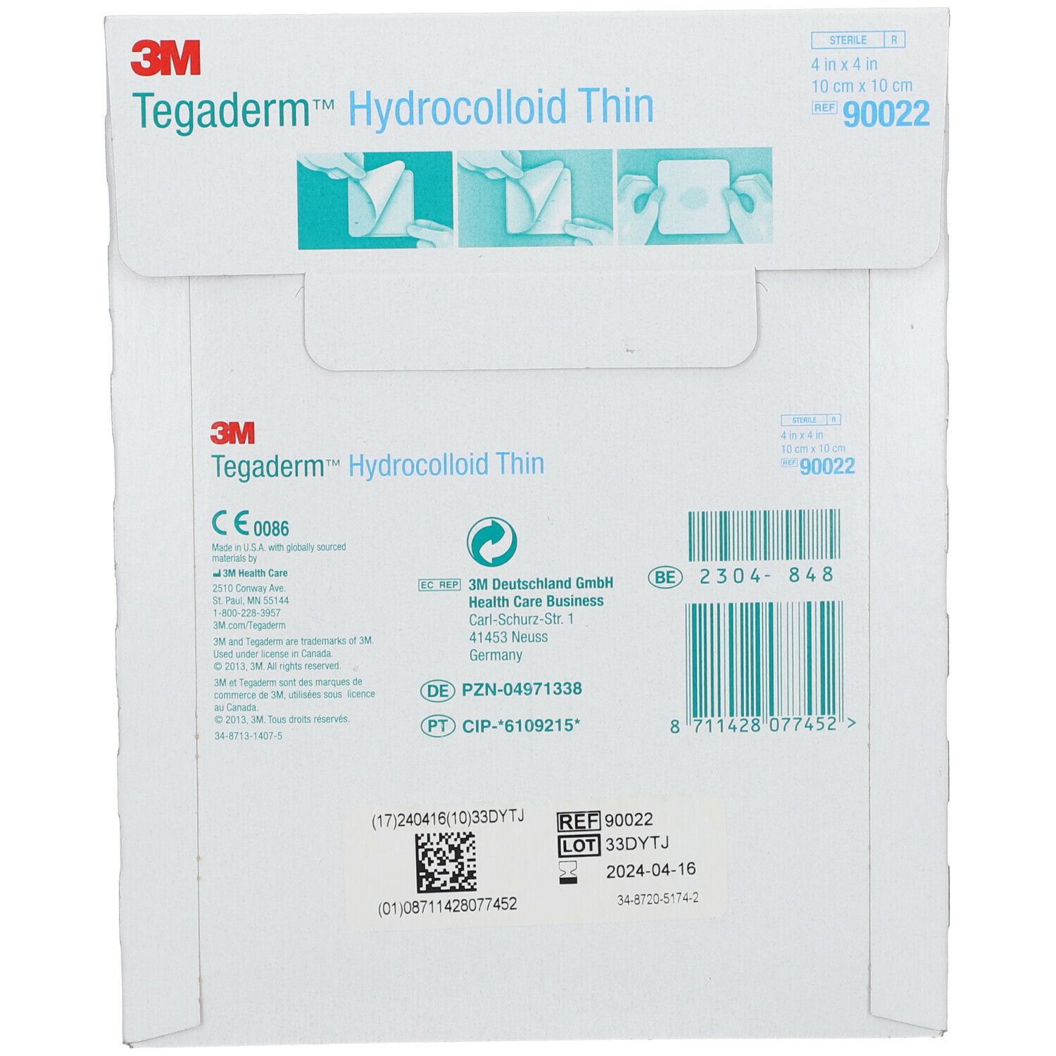 Dos de l'emballage de 3M Tegaderm Hydrocolloïde Thin. Informations produit, code-barres et marquage CE.