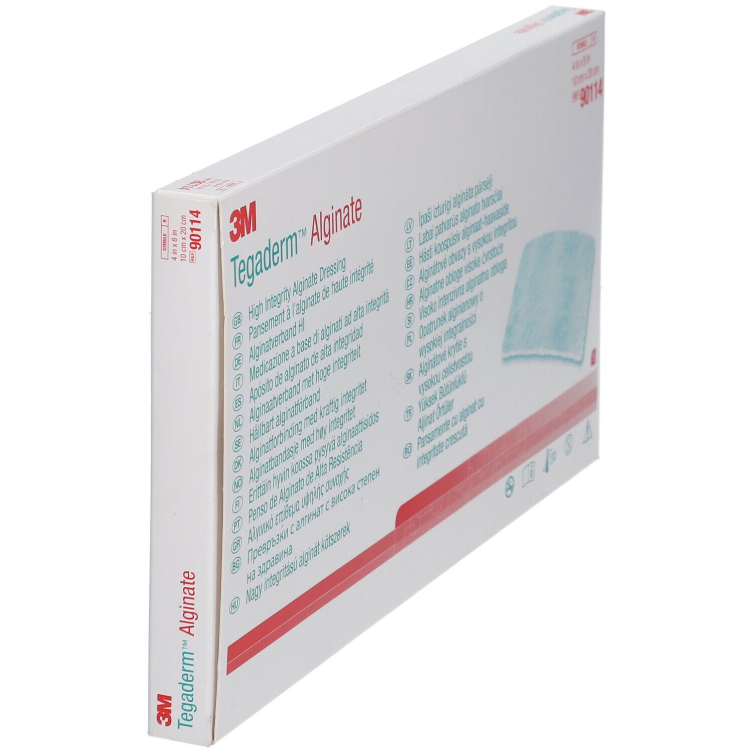 Vue latérale de l'emballage 3M™ Tegaderm™ Alginate. Nom et caractéristiques du produit visibles. Dimensions 10 x 20 cm.