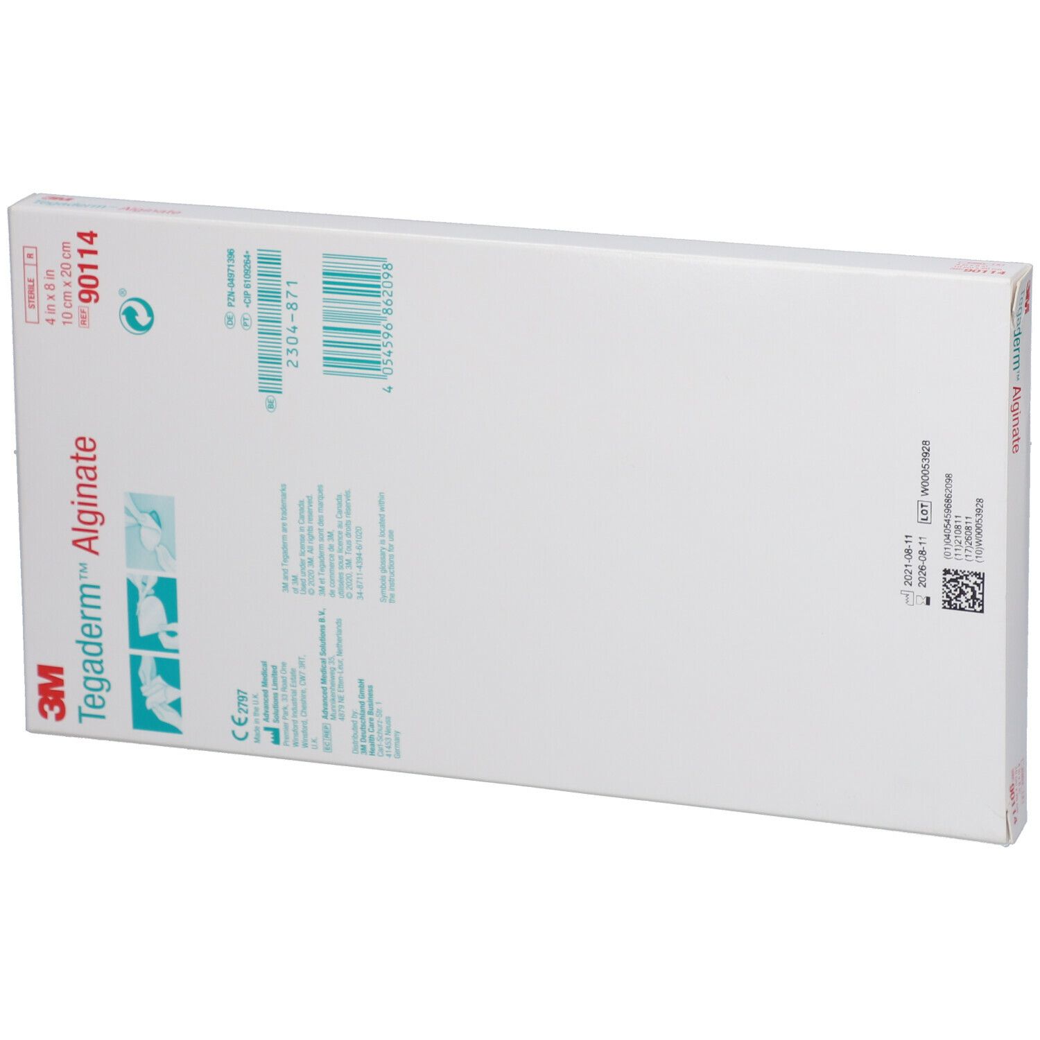 Dos de l'emballage 3M™ Tegaderm™ Alginate. Code-barres, numéro de lot et informations sur le produit visibles.