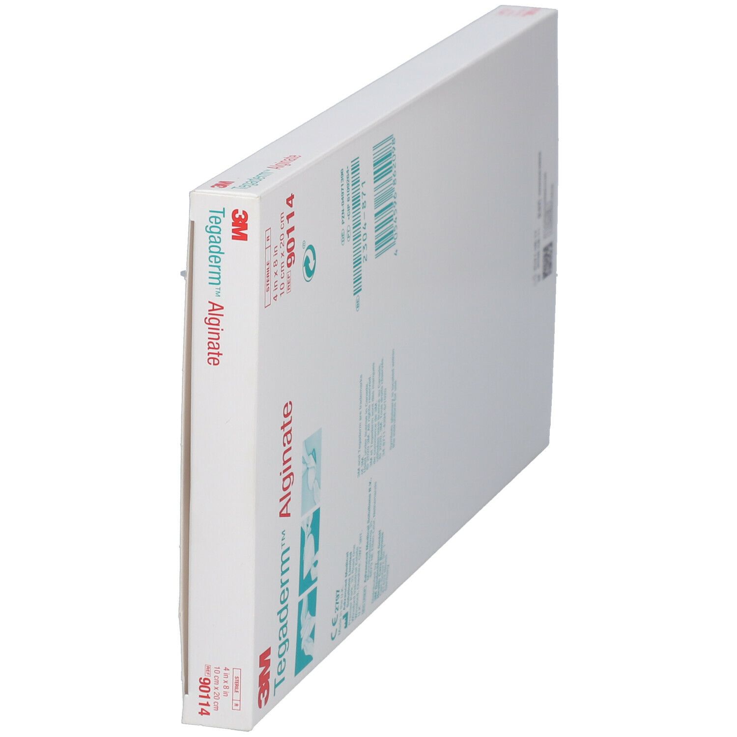 Vue latérale de l'emballage 3M™ Tegaderm™ Alginate. Nom et caractéristiques du produit visibles. Dimensions 10 x 20 cm.