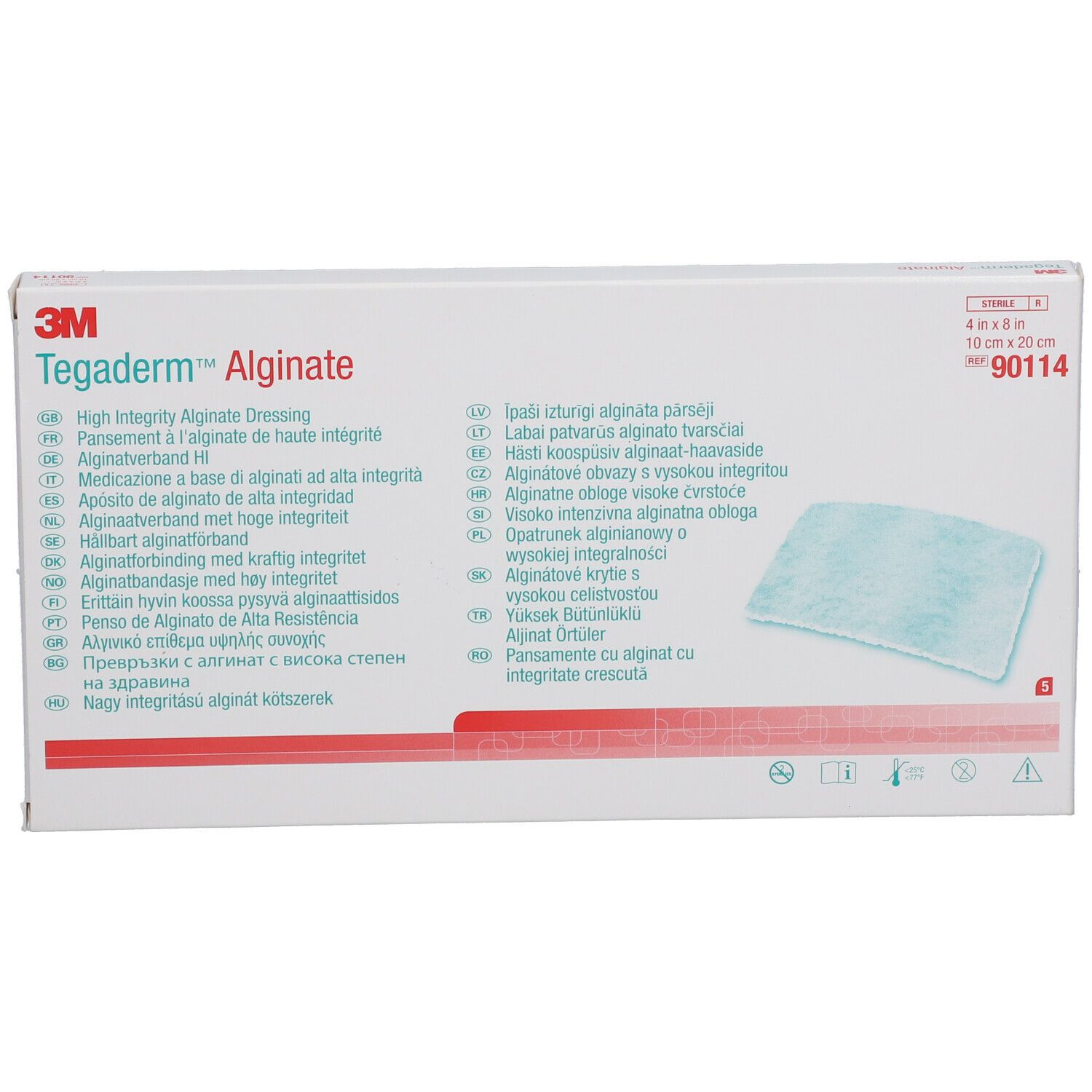 Boîte de 3M™ Tegaderm™ Alginate. Inscriptions : nom du produit, caractéristiques, dimensions 10 x 20 cm, numéro de lot.