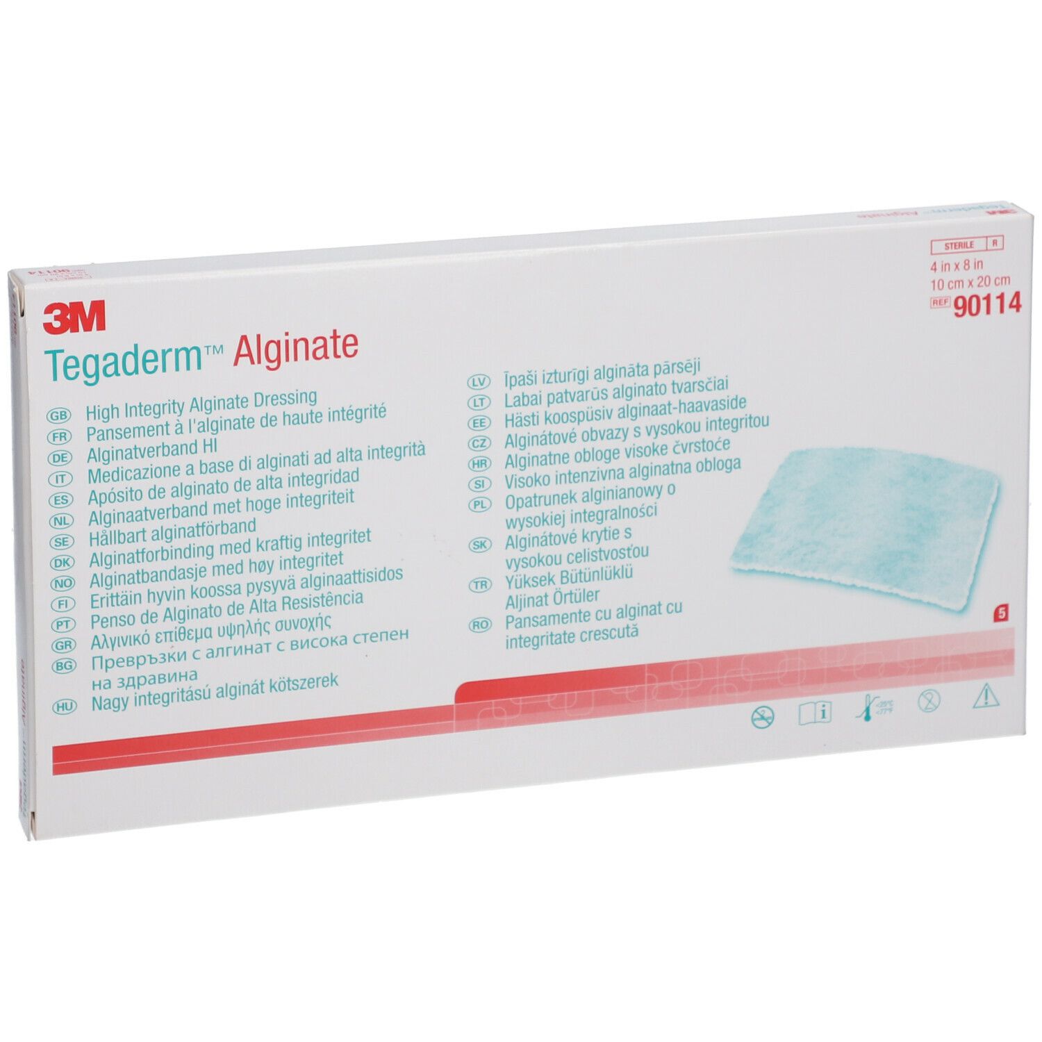 Boîte de 3M™ Tegaderm™ Alginate. Inscriptions : nom du produit, caractéristiques, dimensions 10 x 20 cm, numéro de lot.