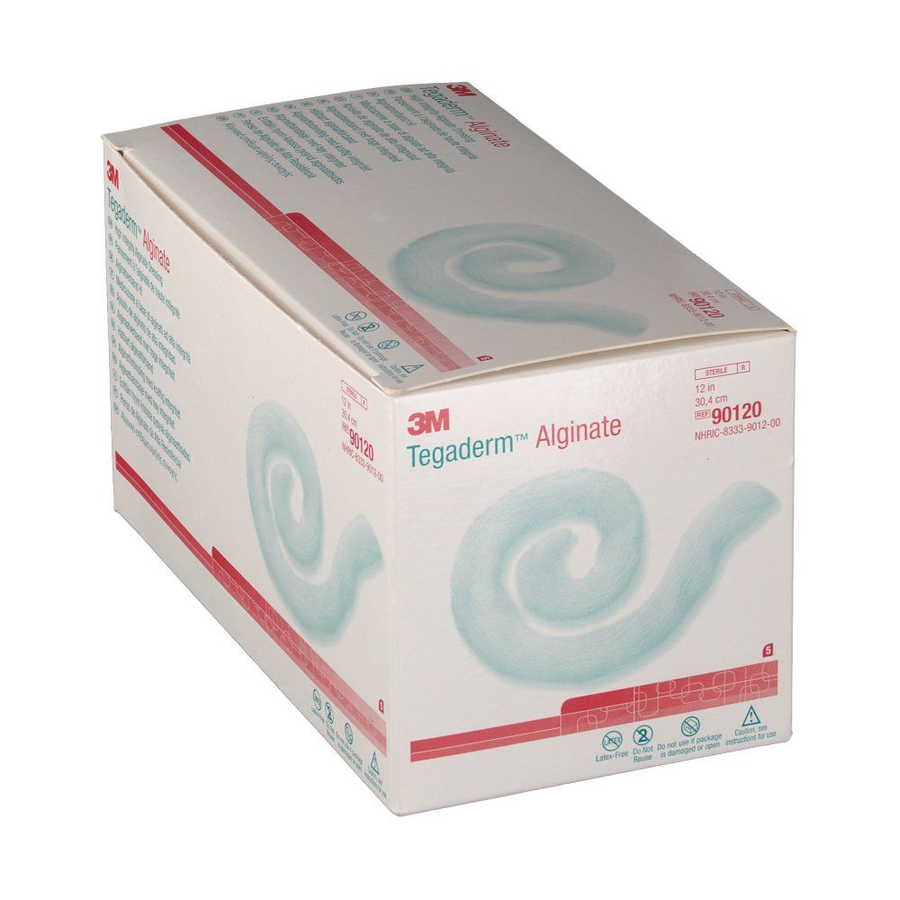 Karton von Tegaderm™ Alginate. Produktabbildung in Hellblau. Aufdrucke in mehreren Sprachen.
