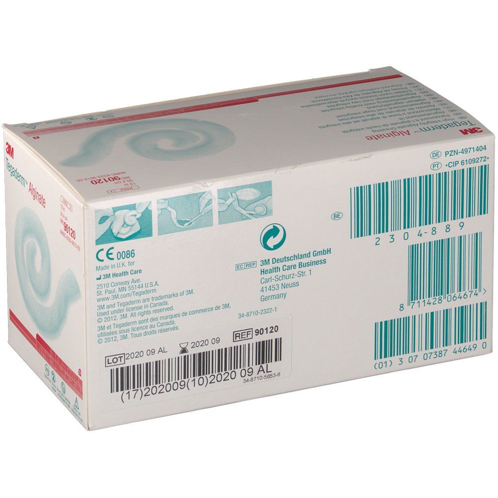 Karton von Tegaderm™ Alginate. Rückseite mit Barcode und Produktinformationen. CE-Kennzeichnung.